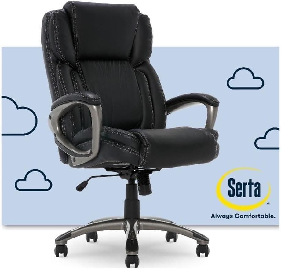 Serta Garret Executive Office Chair, Ergonomic Mid-Back with Lumbar Support, Semi-Plush Cushion and Body Pillows, Padded Armrests, Swivel Base, Bonded Leather, High, Brown
