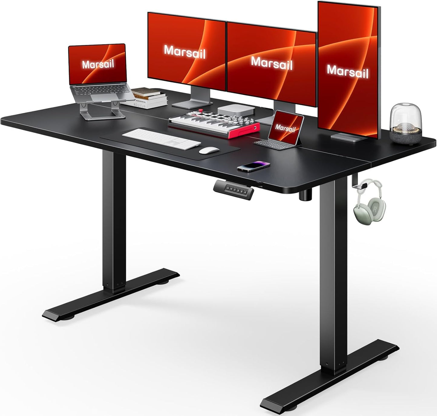 Marsail Standing Desk Adjustable Height Stand up Home Office Desk, 48x24 Inch Electric Standing Computer Desk, with 4 Memory Presets, Headphone Hook, Cable Organizer, Black