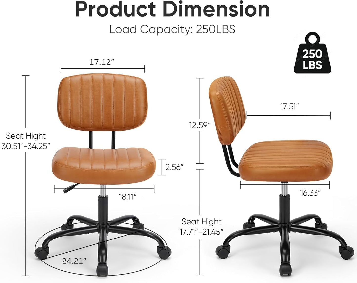 Armless Home Office Desk Chair -Small Ergonomic with Low Back Lumbar Support, Height Adjustable PU Leather Computer Task with 360° Swivel Rolling Wheels, for Small Space, Brown
