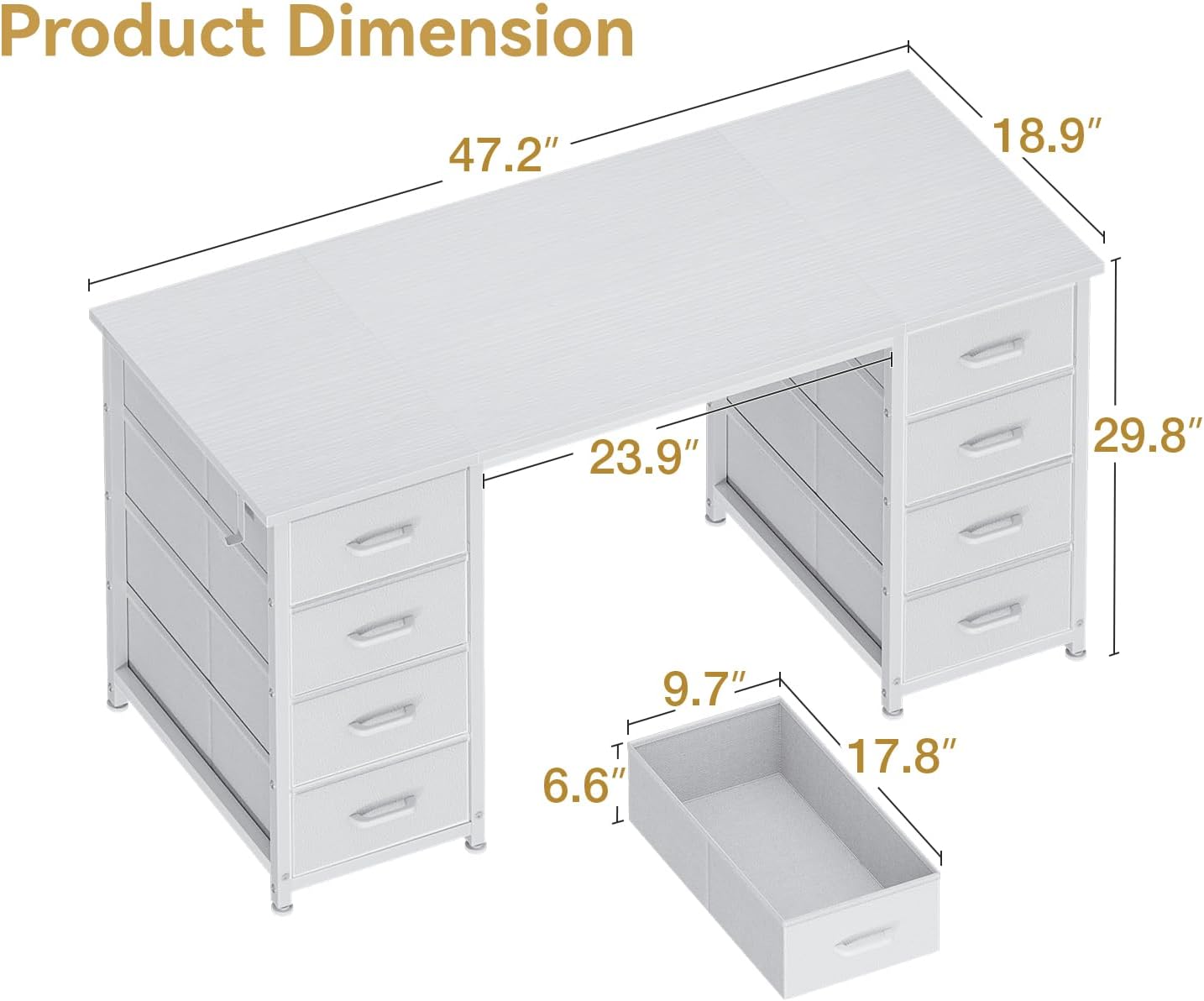 ODK 48 Inch White Computer Desk with 8 Fabric Drawers, Modern Office Desk with Large Storage for Home Office, Study, Gaming, White