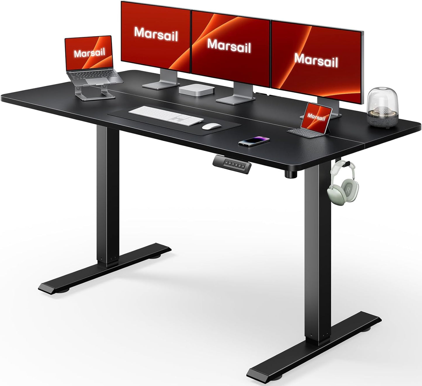 Marsail Standing Desk Adjustable Height Stand up Home Office Desk, 48x24 Inch Electric Standing Computer Desk, with 4 Memory Presets, Headphone Hook, Cable Organizer, Black