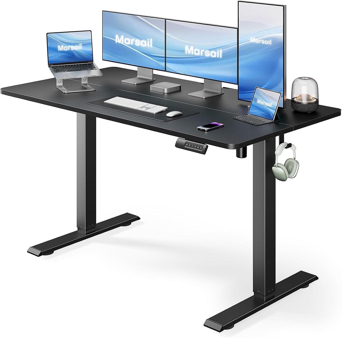 Marsail Standing Desk Adjustable Height Stand up Home Office Desk, 48x24 Inch Electric Standing Computer Desk, with 4 Memory Presets, Headphone Hook, Cable Organizer, Black