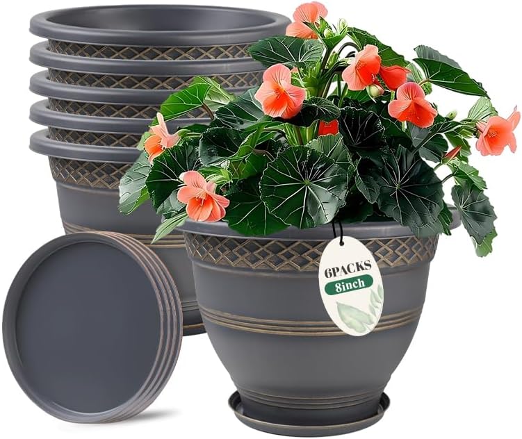 10 Inch 4 Pack Large Plant Pots, Plastic Flower Pot for Indoor & Outdoor with Drainage Holes & Saucer, Plaid Pattern Planters Garden Pots for Herbs
