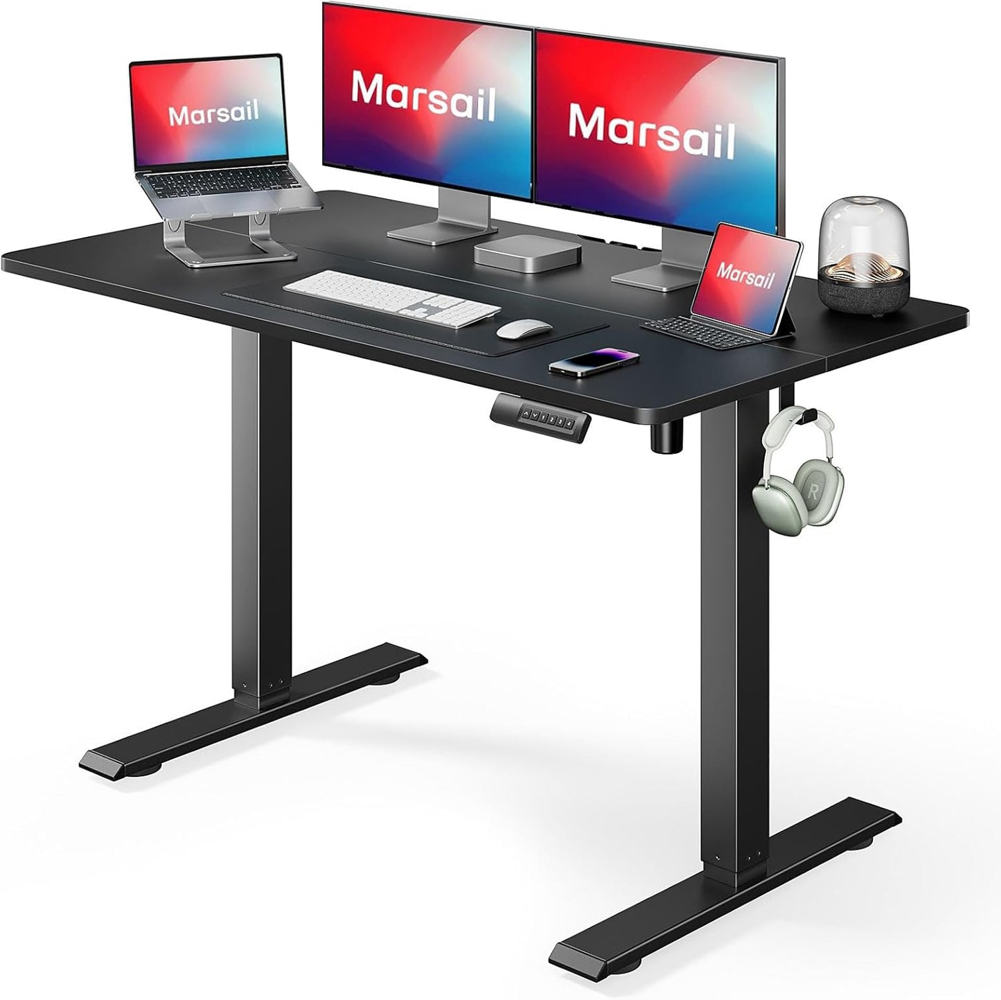 Marsail Standing Desk Adjustable Height Stand up Home Office Desk, 48x24 Inch Electric Standing Computer Desk, with 4 Memory Presets, Headphone Hook, Cable Organizer, Black