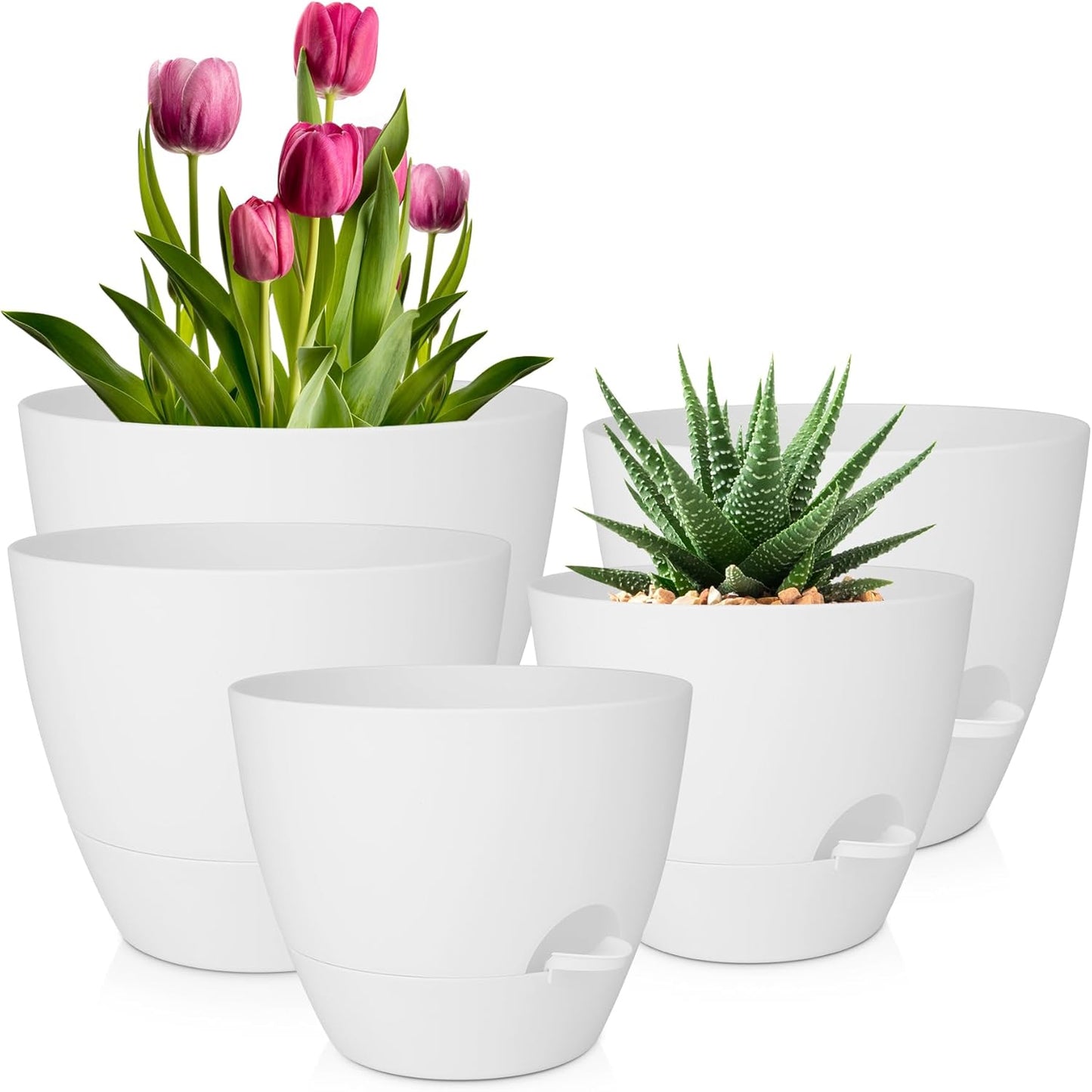 Plant Pots 10/9/8/7.5/7 Inch Self Watering Pots, Set of 5 Plastic Planters with Drainage Holes and Saucers,Plastic Flower Pots,Nursery Planting Pot for Indoor Out Door Plants(Green)
