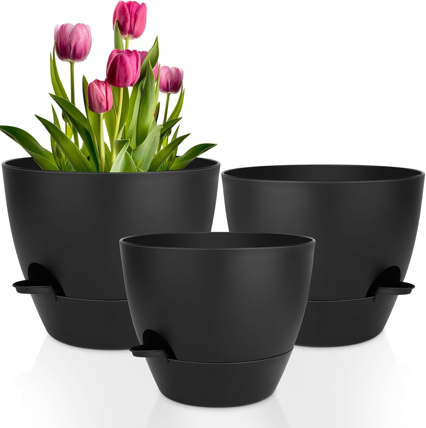 Plant Pots 10/9/8/7.5/7 Inch Self Watering Pots, Set of 5 Plastic Planters with Drainage Holes and Saucers,Plastic Flower Pots,Nursery Planting Pot for Indoor Out Door Plants(Green)