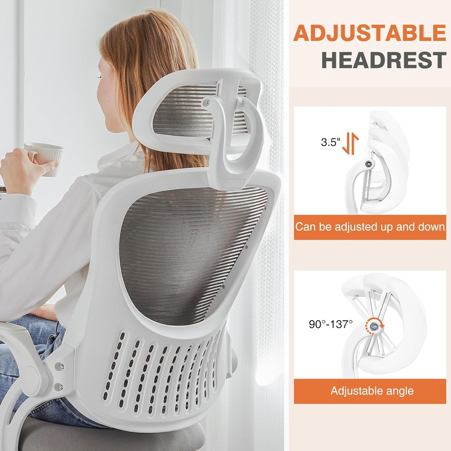 Sweetcrispy High-Back Mesh Home Office Chair with Adjustable Headrest and Lumbar Support, Flip-up Armrest Ergonomic Rolling Work Chair for Study, and Bedroom, Grey
