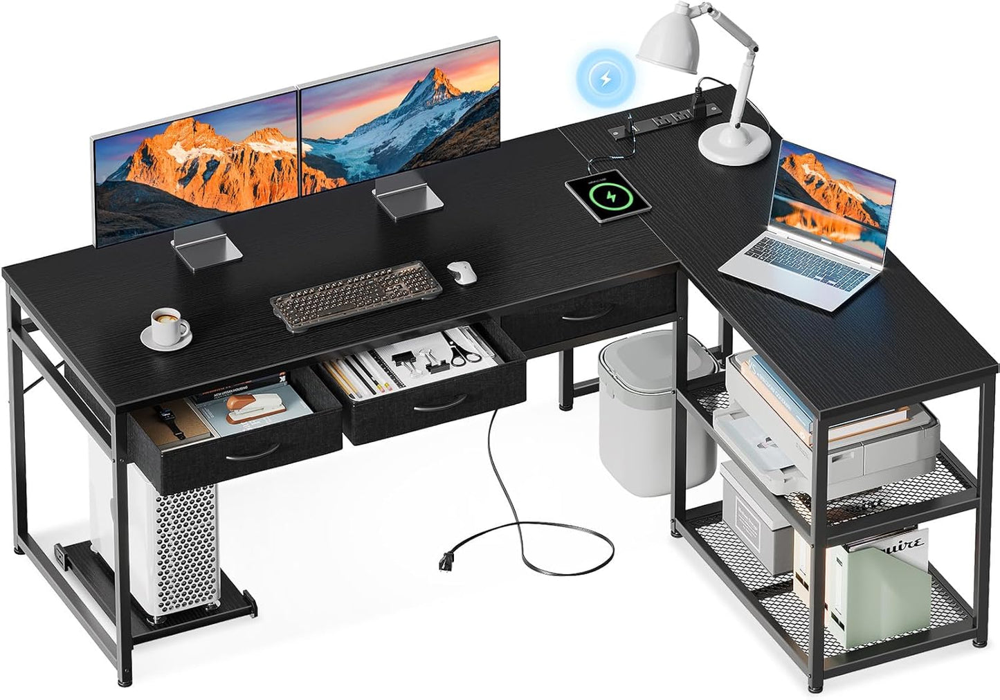 AODK 53 Inch L Shaped Computer Desk with Drawers, Corner Desk with Power Outlets & Reversible Storage Shelves, Movable CPU Stand for Home Office Gaming, White
