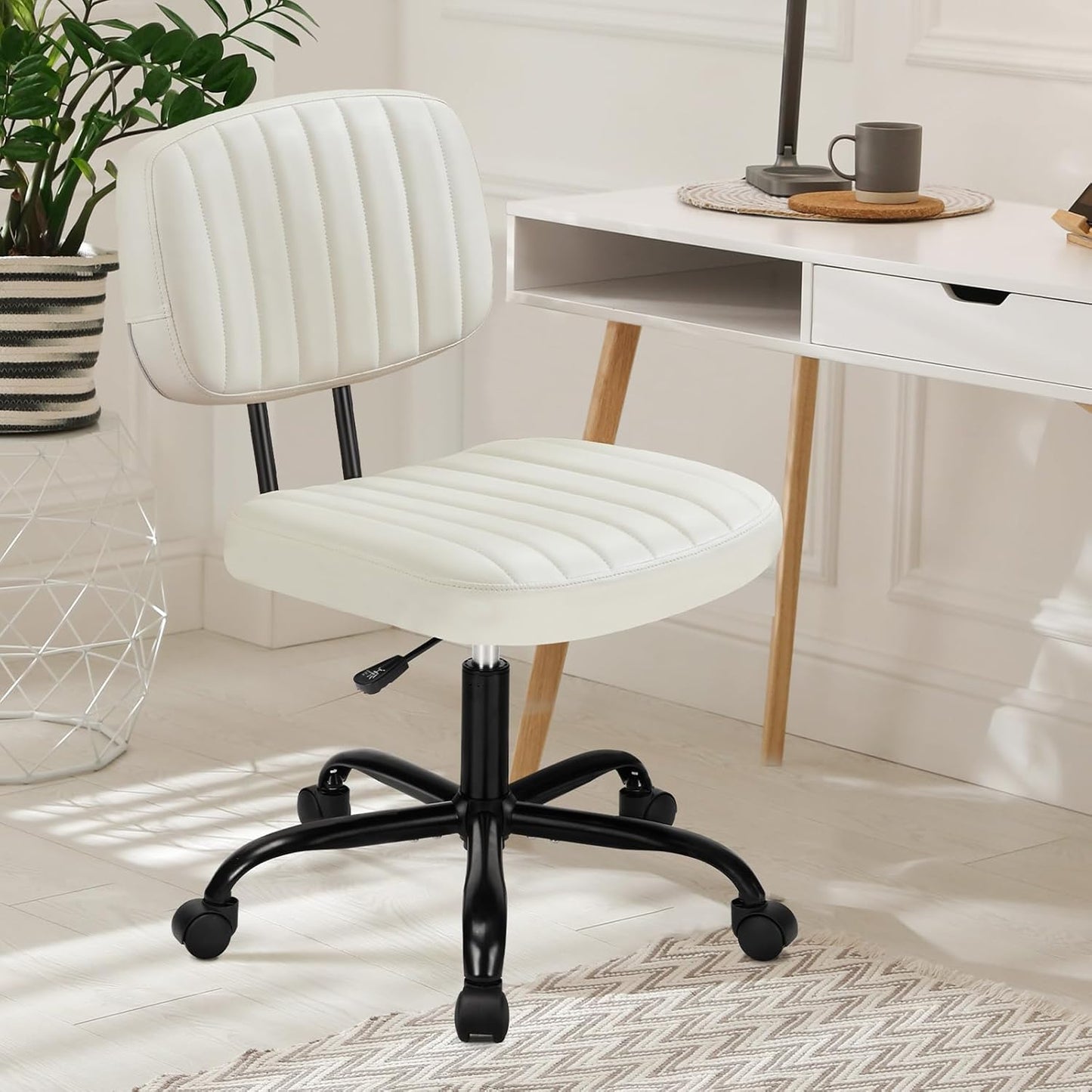 Armless Home Office Desk Chair -Small Ergonomic with Low Back Lumbar Support, Height Adjustable PU Leather Computer Task with 360° Swivel Rolling Wheels, for Small Space, Brown