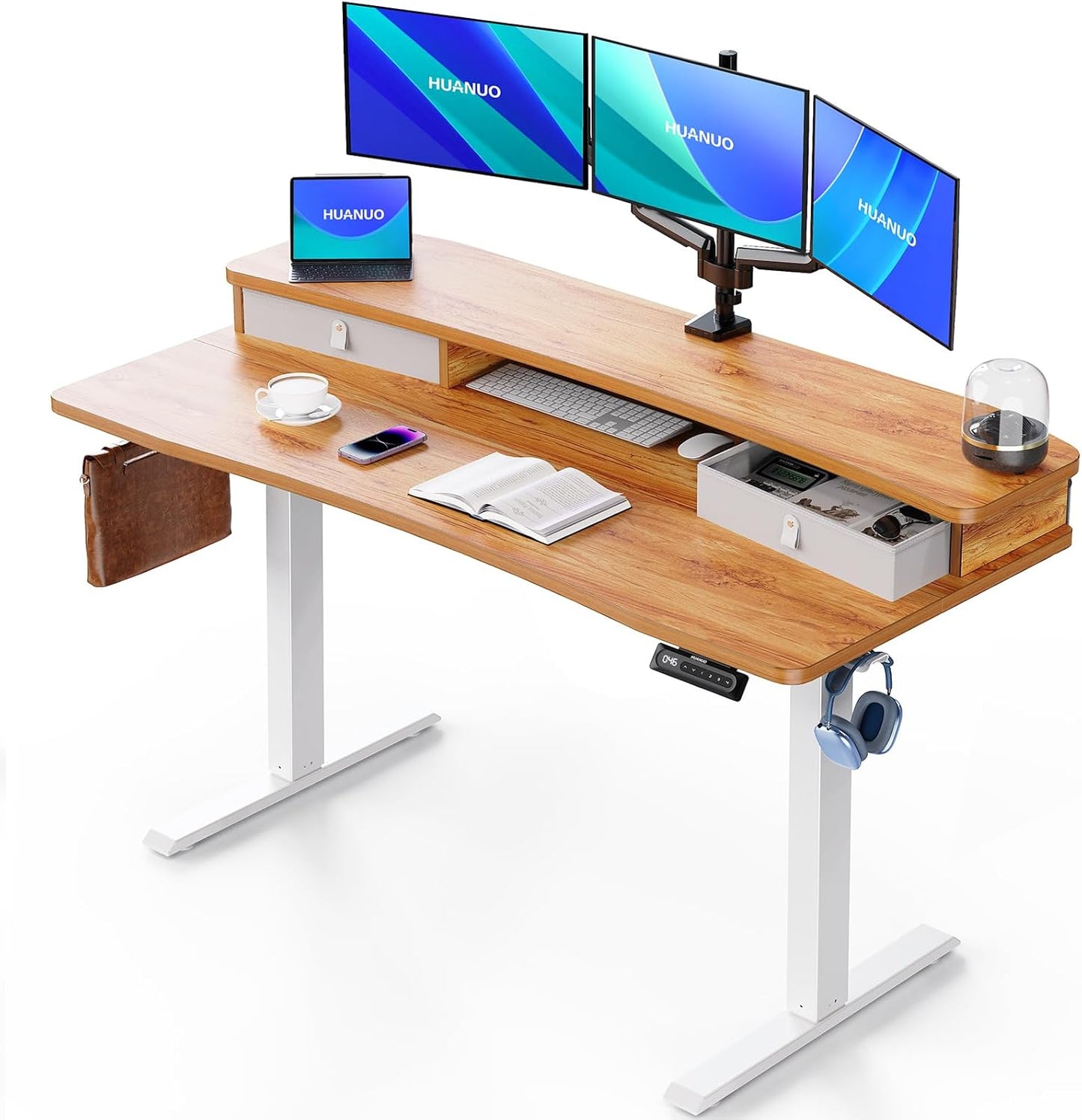 HUANUO 48″ x 24″ Electric Standing Desk with 2 Drawers, C-Clamp Mount Compatible, Height Adjustable Computer Desk, Home Office Stand Up Desk with 4 Preset Heights & 2 Hooks, Black