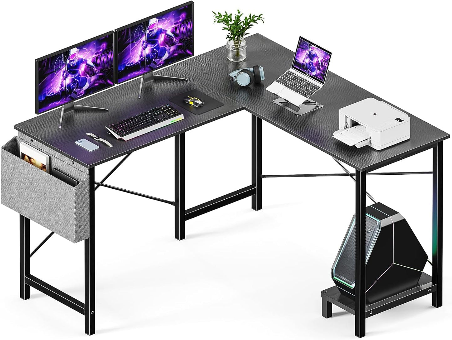 Sweetcrispy L Shaped Desk - Computer Desk Corner Desks Gaming Desk PC Table with CPU Stand Side Bag for Home Office Dorm Sturdy Writing Workstation, Black, 50-Inch