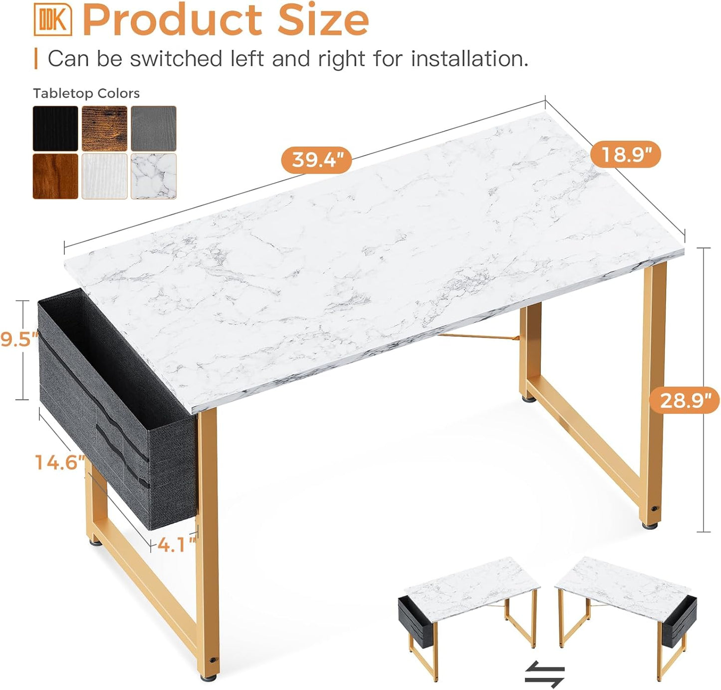 ODK Computer Desk, 40 Inch Small Study Desk, Office Desk with Storage, Work Table with Headphone Hook for Small Space Home Office, White Marble + Gold Leg