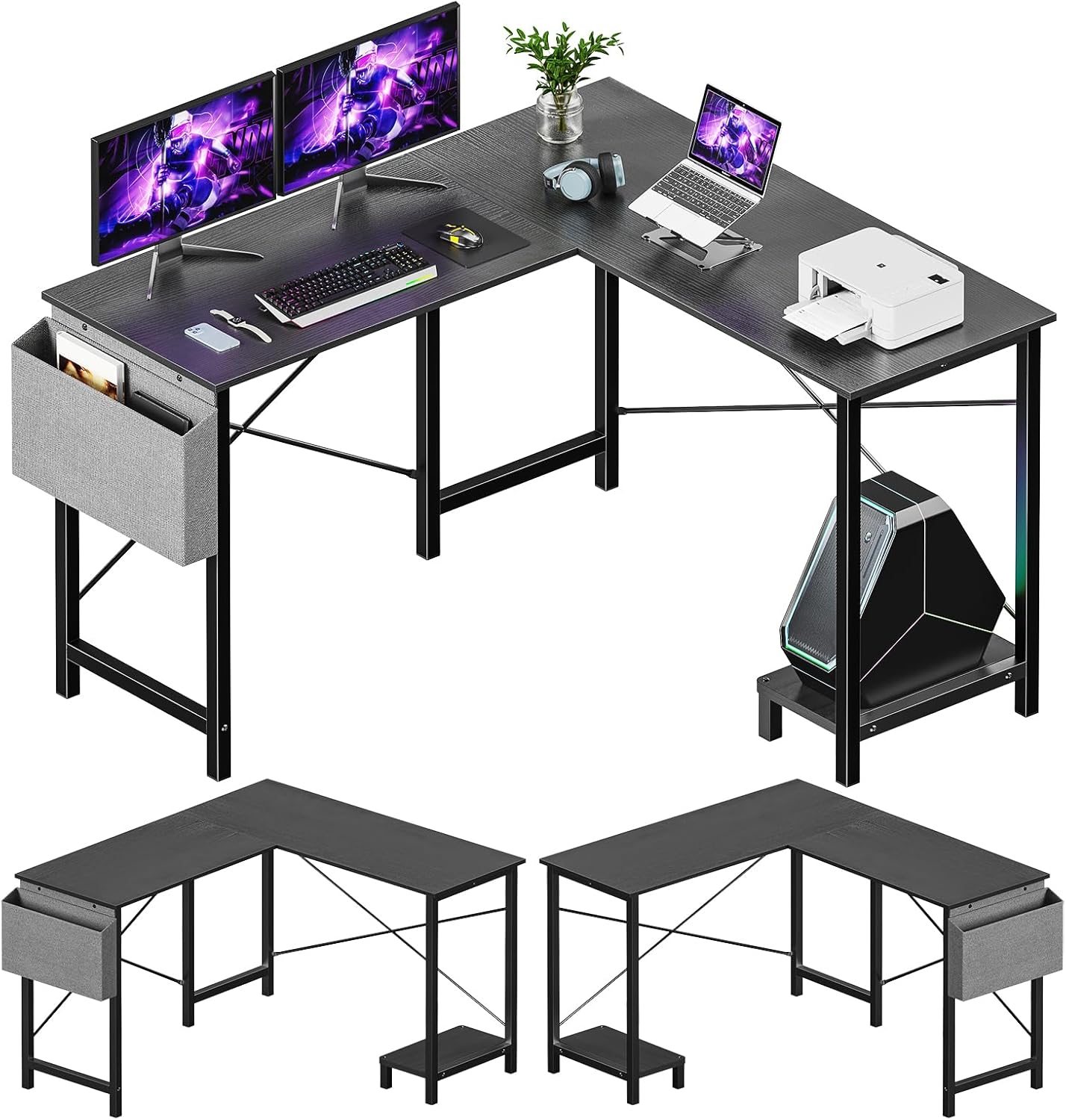 Sweetcrispy L Shaped Desk - Computer Desk Corner Desks Gaming Desk PC Table with CPU Stand Side Bag for Home Office Dorm Sturdy Writing Workstation, Black, 50-Inch