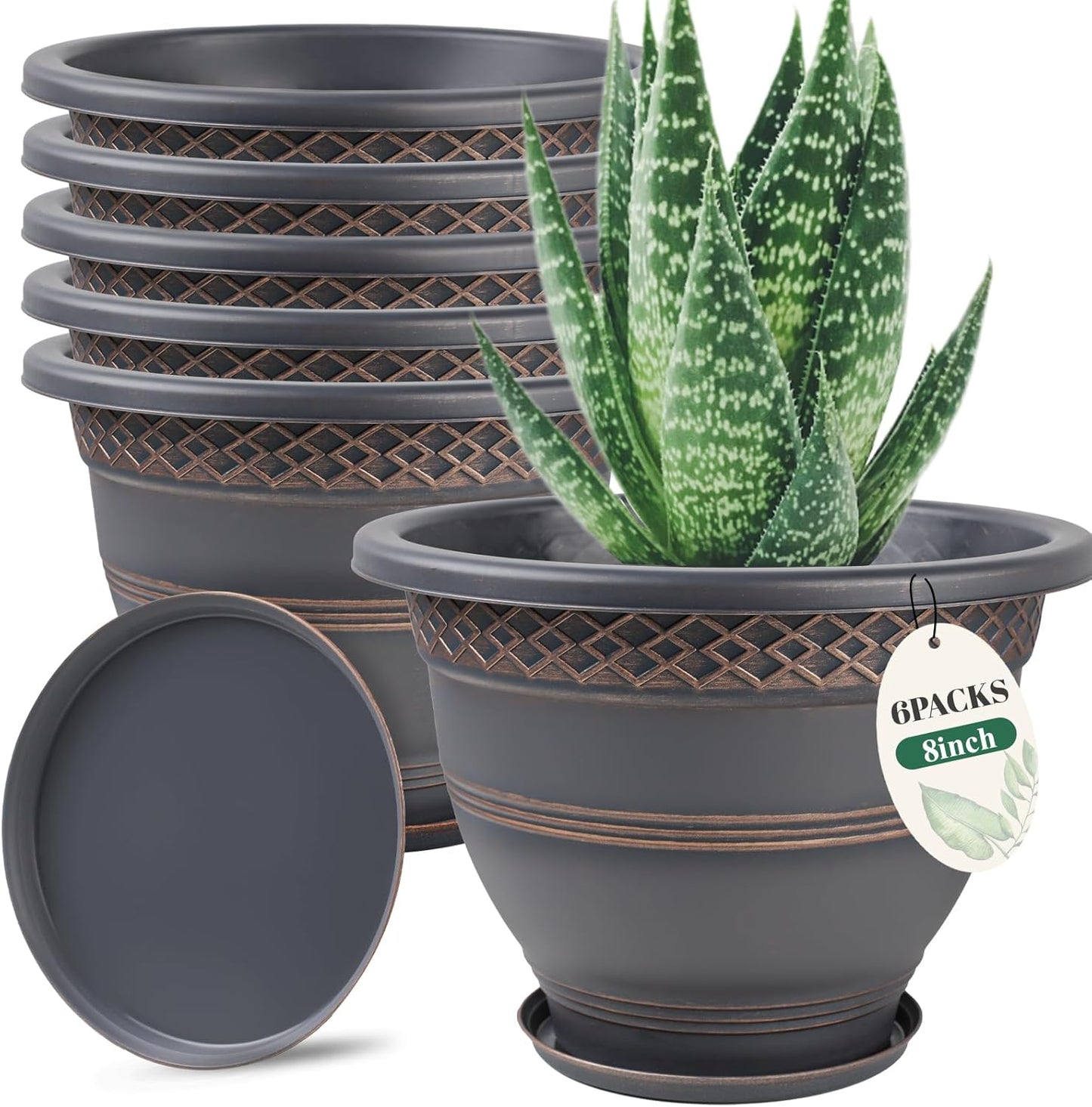 10 Inch 4 Pack Large Plant Pots, Plastic Flower Pot for Indoor & Outdoor with Drainage Holes & Saucer, Plaid Pattern Planters Garden Pots for Herbs
