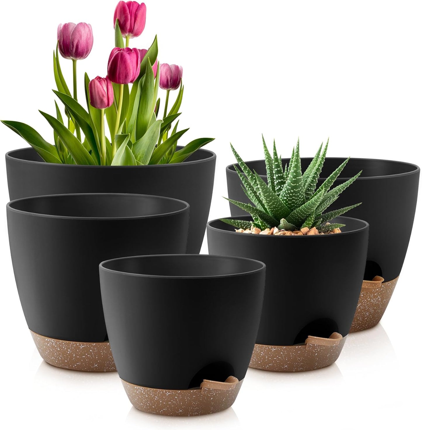Plant Pots 10/9/8/7.5/7 Inch Self Watering Pots, Set of 5 Plastic Planters with Drainage Holes and Saucers,Plastic Flower Pots,Nursery Planting Pot for Indoor Out Door Plants(Green)