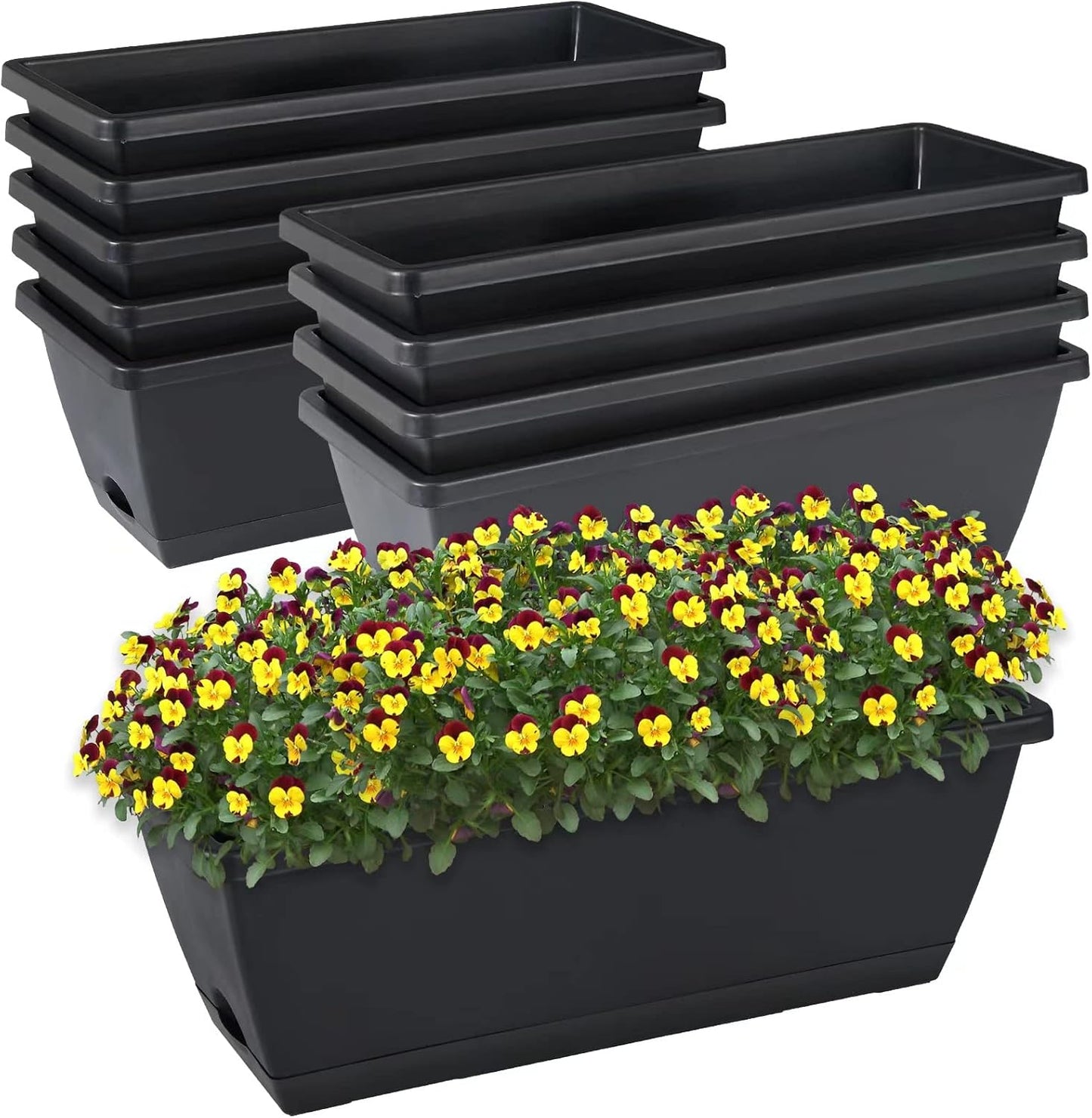 Window Box Planter, 7 Pack Plastic Vegetable Flower Planters Boxes 17 Inches Rectangular Flower Pots with Saucers for Indoor Outdoor Garden, Patio, Home Decor (Red)