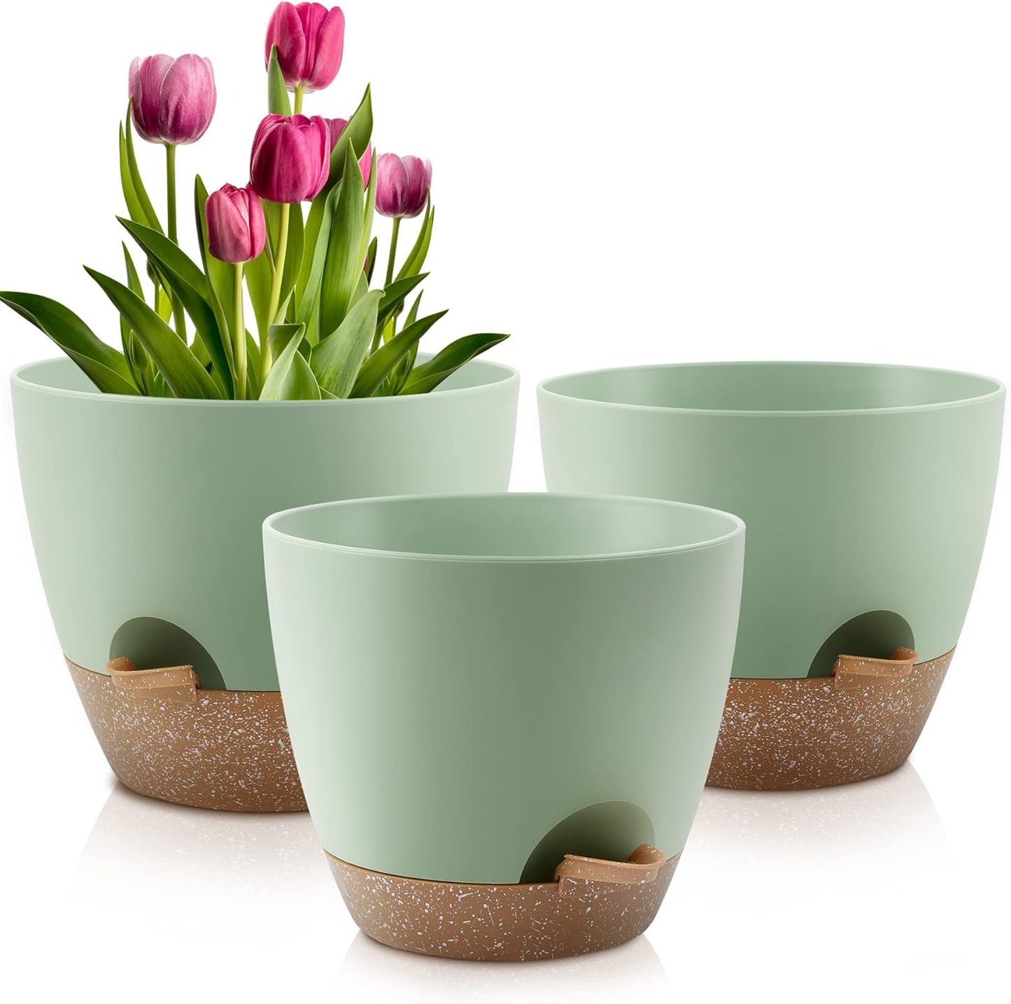 Plant Pots 10/9/8/7.5/7 Inch Self Watering Pots, Set of 5 Plastic Planters with Drainage Holes and Saucers,Plastic Flower Pots,Nursery Planting Pot for Indoor Out Door Plants(Green)