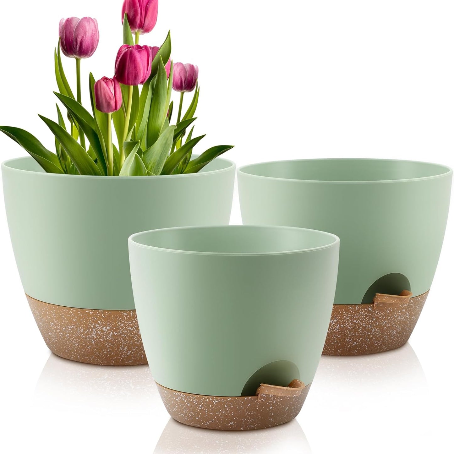 Plant Pots 10/9/8/7.5/7 Inch Self Watering Pots, Set of 5 Plastic Planters with Drainage Holes and Saucers,Plastic Flower Pots,Nursery Planting Pot for Indoor Out Door Plants(Green)