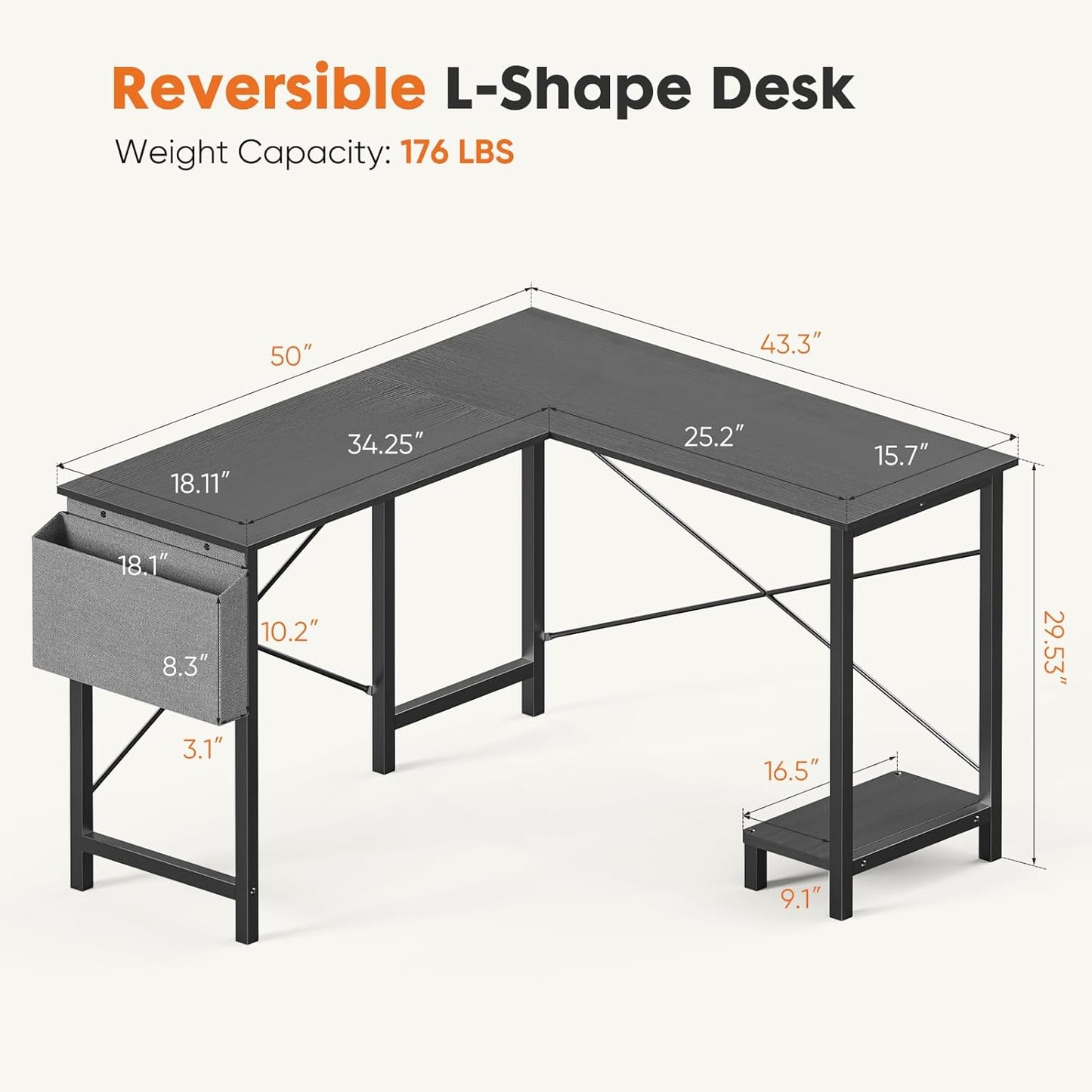 Sweetcrispy L Shaped Desk - Computer Desk Corner Desks Gaming Desk PC Table with CPU Stand Side Bag for Home Office Dorm Sturdy Writing Workstation, Black, 50-Inch