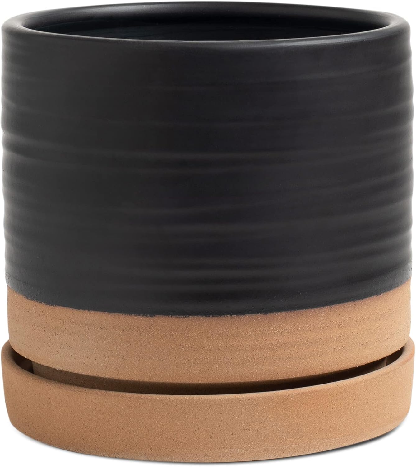 6 Inch Plant Pots, Ceramic Planter Pot with Drainage Hole & Saucer, Indoor/Outdoor Cylinder Round Planter Pot, Green & Beige
