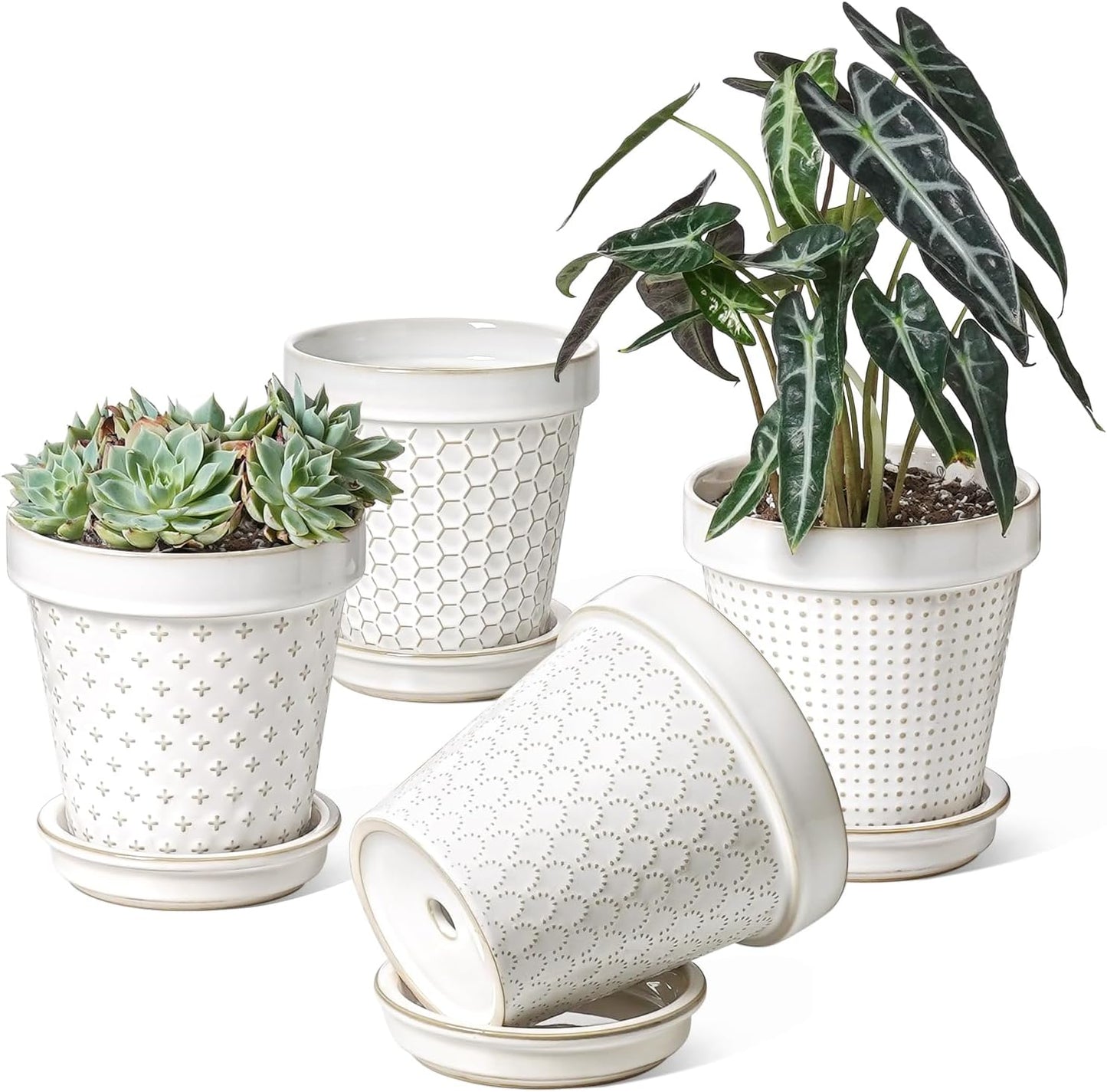 LE TAUCI Ceramic Plant Pots, 4.9 Inch Flower Pots with Drainage Hole & Saucer, Embossed Planter Pots for Indoor Plant Succulent, Orchid, Cactus, Home Decor - Set of 4, Arctic White