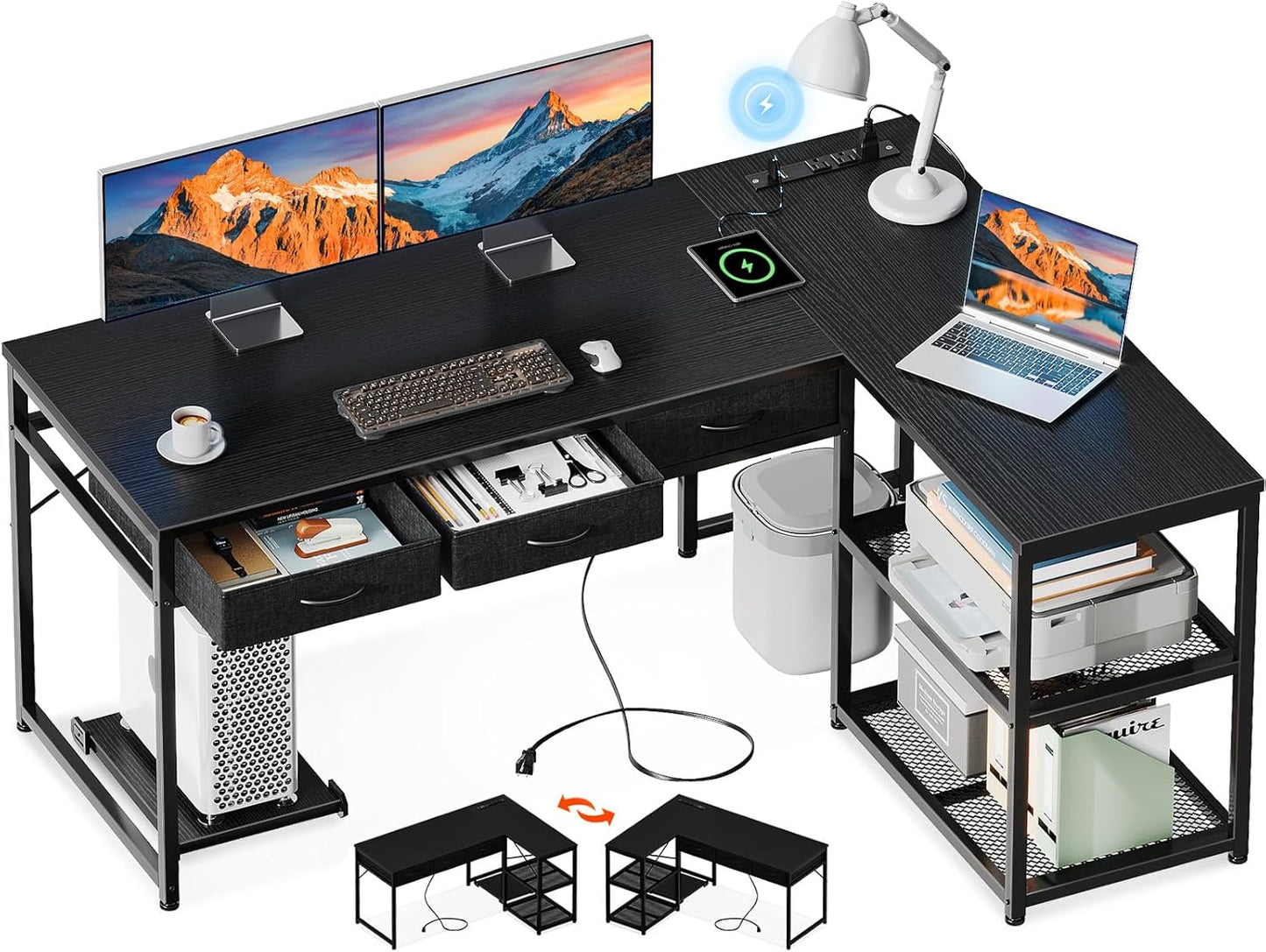 AODK 53 Inch L Shaped Computer Desk with Drawers, Corner Desk with Power Outlets & Reversible Storage Shelves, Movable CPU Stand for Home Office Gaming, White
