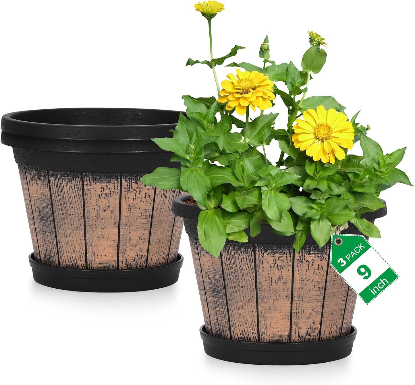 Quarut 3 Pack 10 inch Plant Pots,Whiskey Barrel Planters with Drainage Holes & Saucer, Plastic Decoration Flower Pots Imitation Wine Barrel Design, for Indoor & Outdoor Garden Home Plants (Brown)