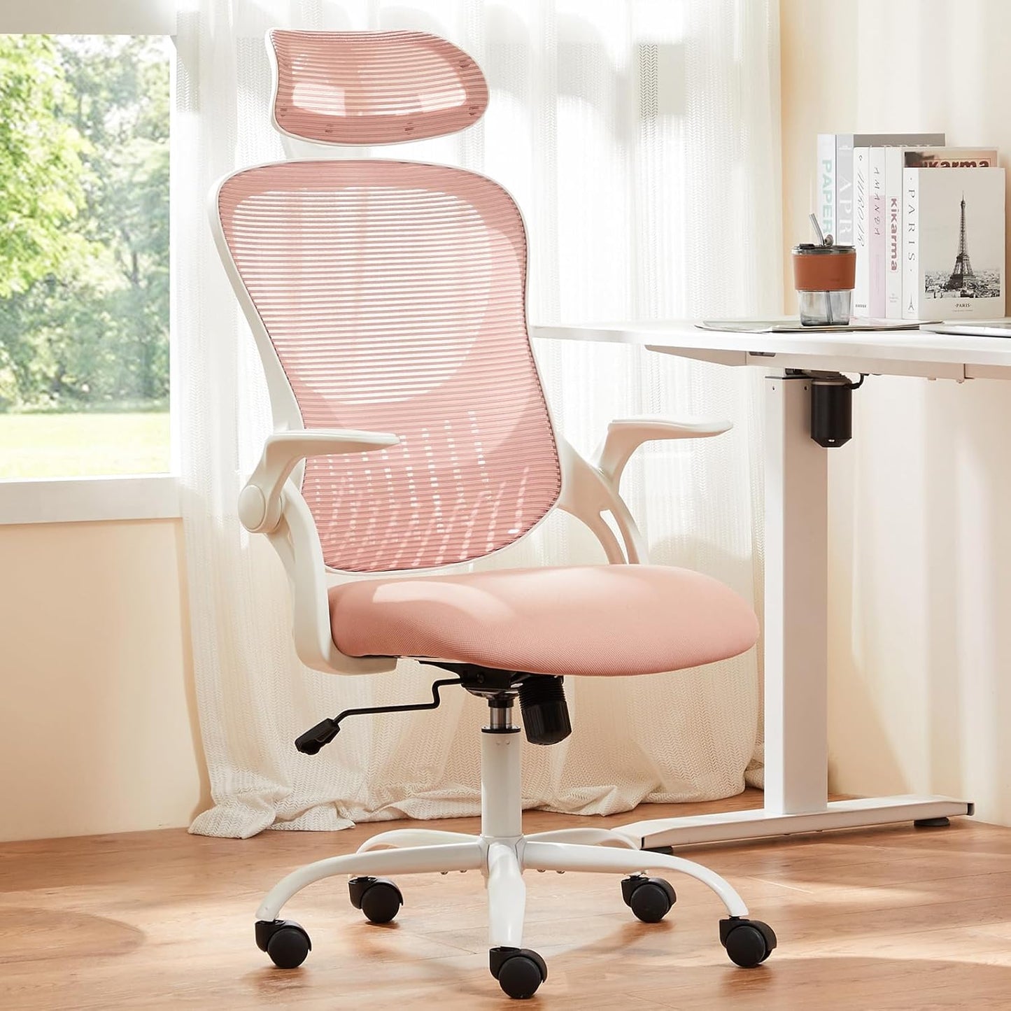 Sweetcrispy High-Back Mesh Home Office Chair with Adjustable Headrest and Lumbar Support, Flip-up Armrest Ergonomic Rolling Work Chair for Study, and Bedroom, Grey