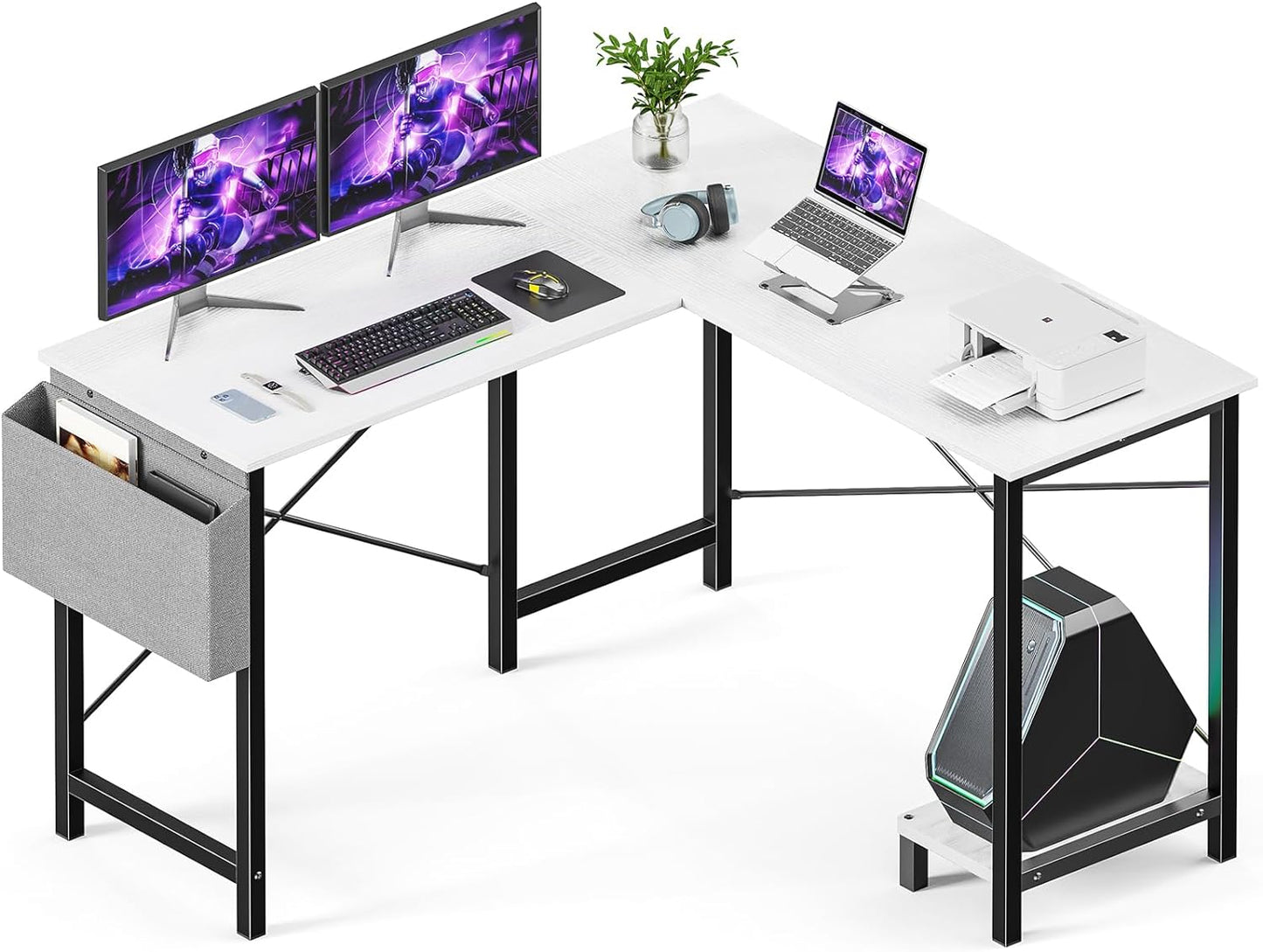 Sweetcrispy L Shaped Desk - Computer Desk Corner Desks Gaming Desk PC Table with CPU Stand Side Bag for Home Office Dorm Sturdy Writing Workstation, Black, 50-Inch