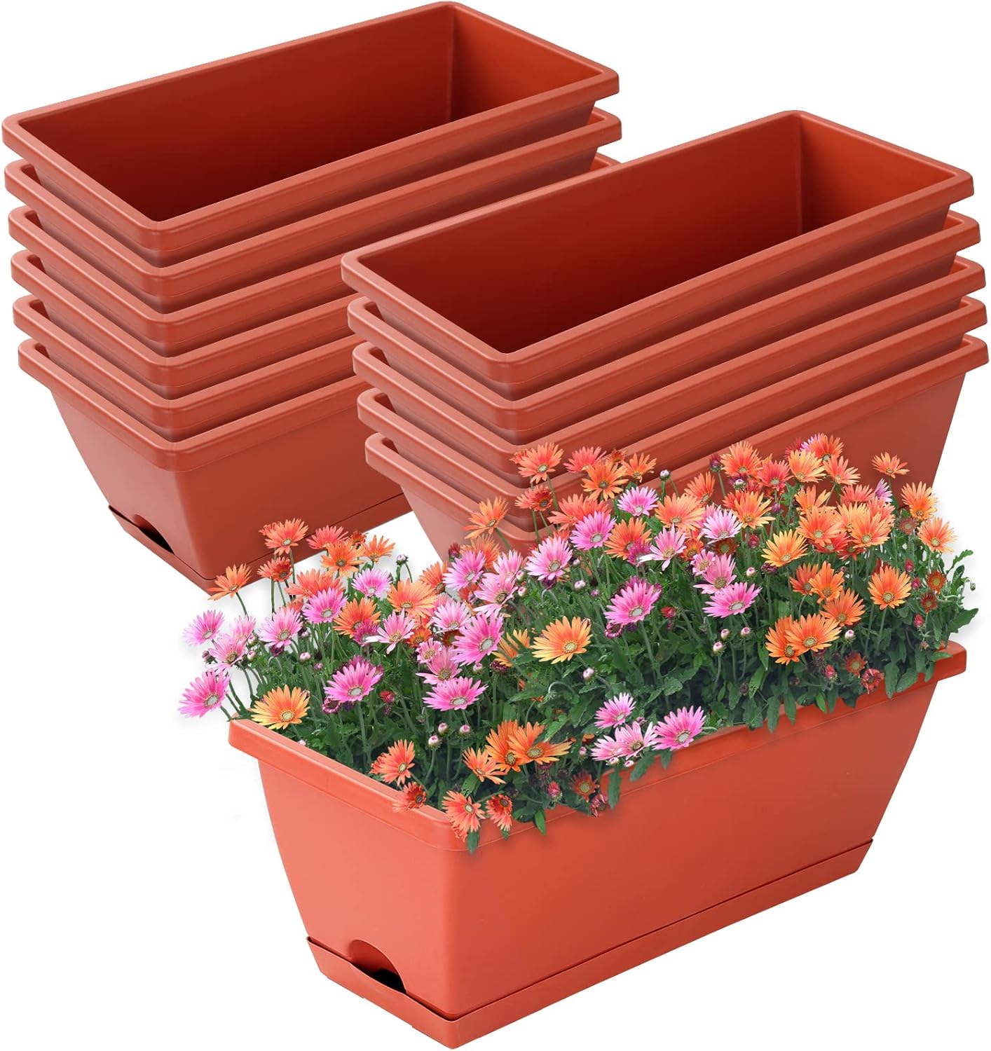 Window Box Planter, 7 Pack Plastic Vegetable Flower Planters Boxes 17 Inches Rectangular Flower Pots with Saucers for Indoor Outdoor Garden, Patio, Home Decor (Red)