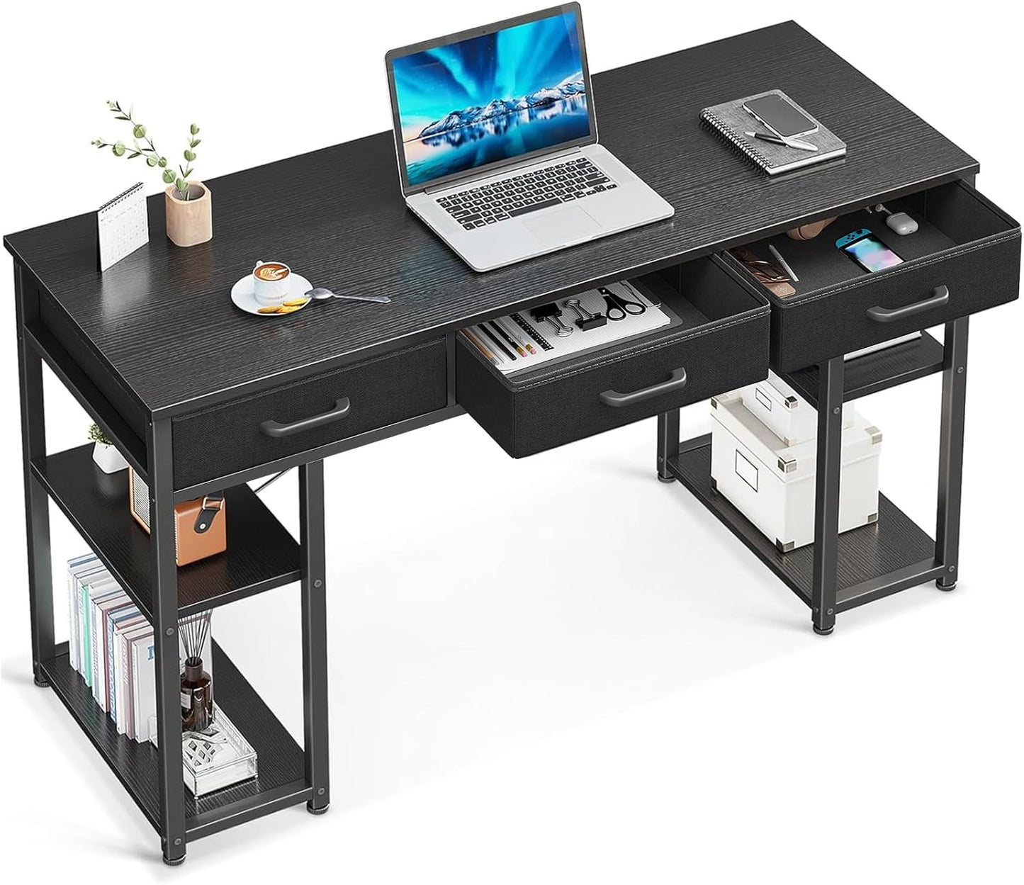 ODK Office Small Computer Desk: Home Table with Fabric Drawers & Storage Shelves, Modern Writing Desk, White, 48"x16"