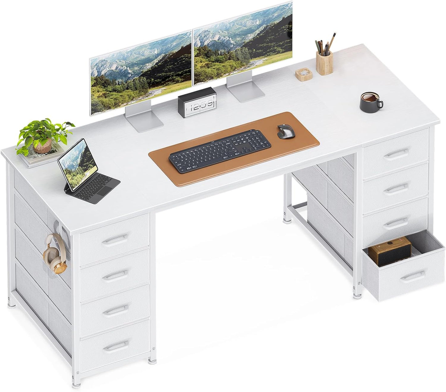 ODK 48 Inch White Computer Desk with 8 Fabric Drawers, Modern Office Desk with Large Storage for Home Office, Study, Gaming, White