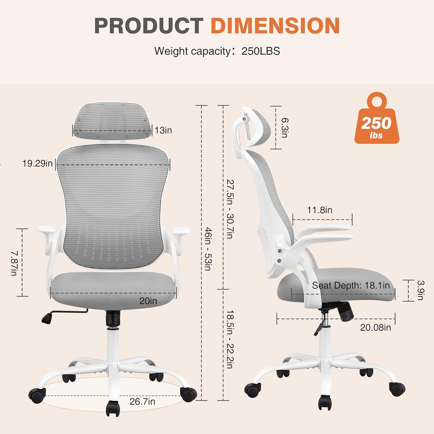 Sweetcrispy High-Back Mesh Home Office Chair with Adjustable Headrest and Lumbar Support, Flip-up Armrest Ergonomic Rolling Work Chair for Study, and Bedroom, Grey