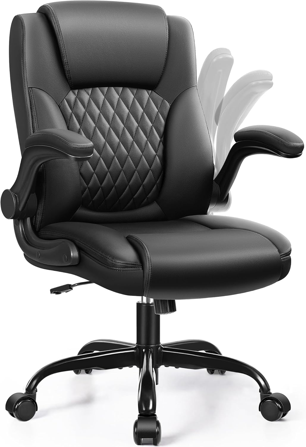 Leather Office Chair, PU Home Computer Desk Chairs with Ergonomic Back Support, 360°Swivel Free,Small Gmaing Chair with Wheels and Adjustable Armrests, for Short People Use, Black