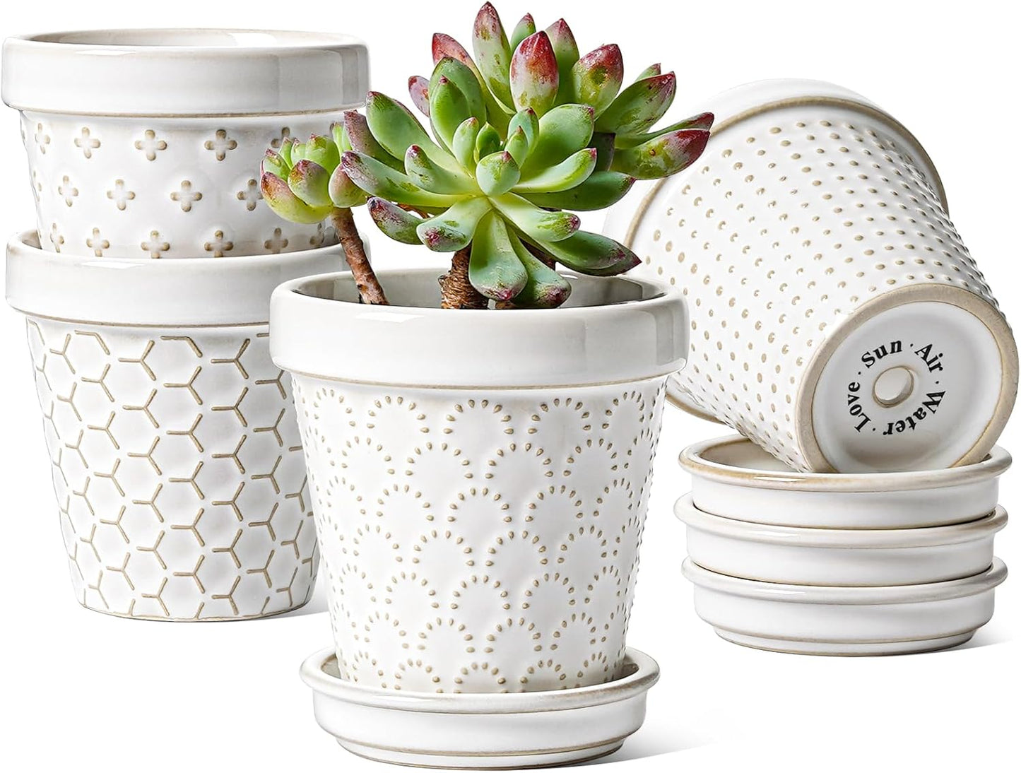 LE TAUCI Ceramic Plant Pots, 4.9 Inch Flower Pots with Drainage Hole & Saucer, Embossed Planter Pots for Indoor Plant Succulent, Orchid, Cactus, Home Decor - Set of 4, Arctic White