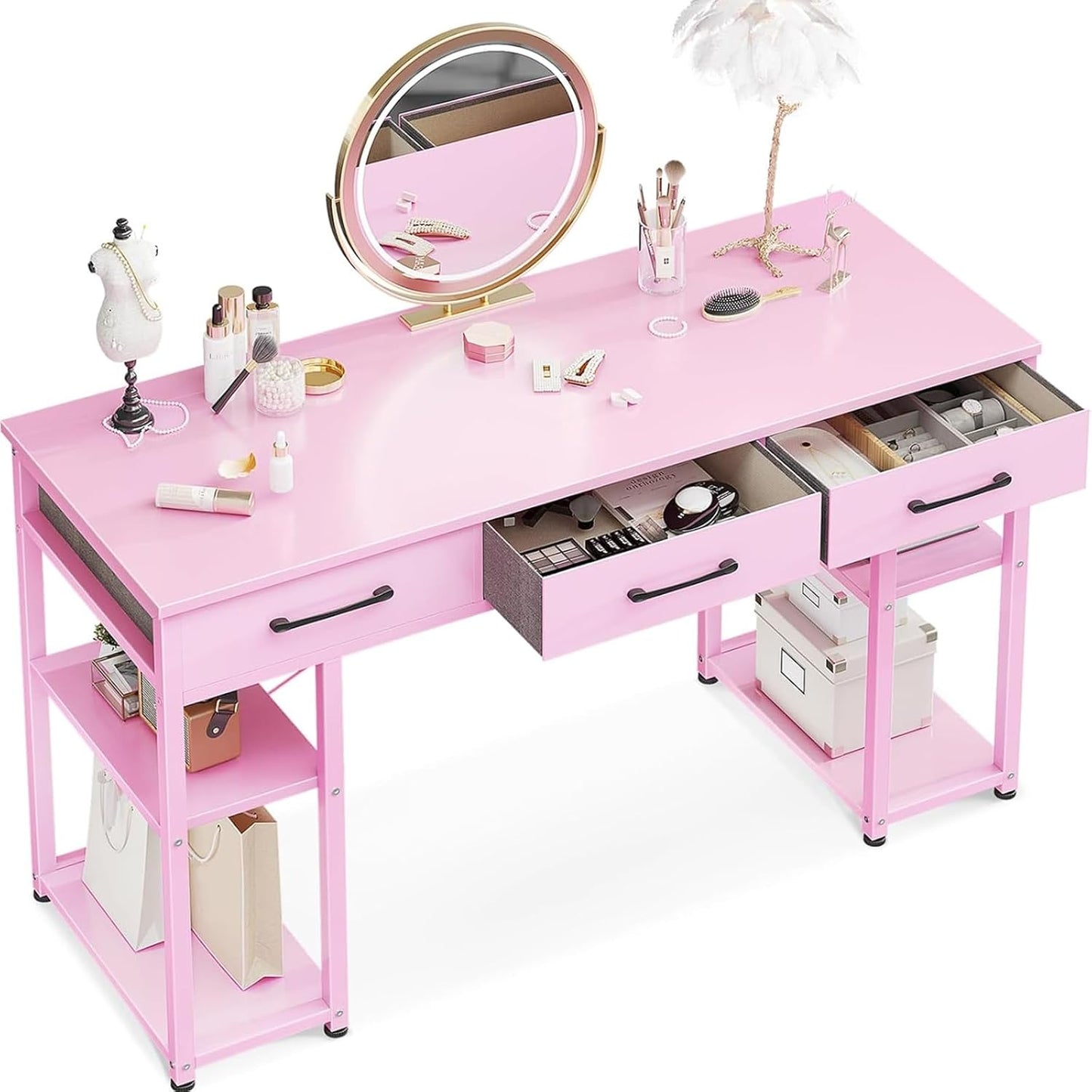 ODK Office Small Computer Desk: Home Table with Fabric Drawers & Storage Shelves, Modern Writing Desk, White, 48"x16"