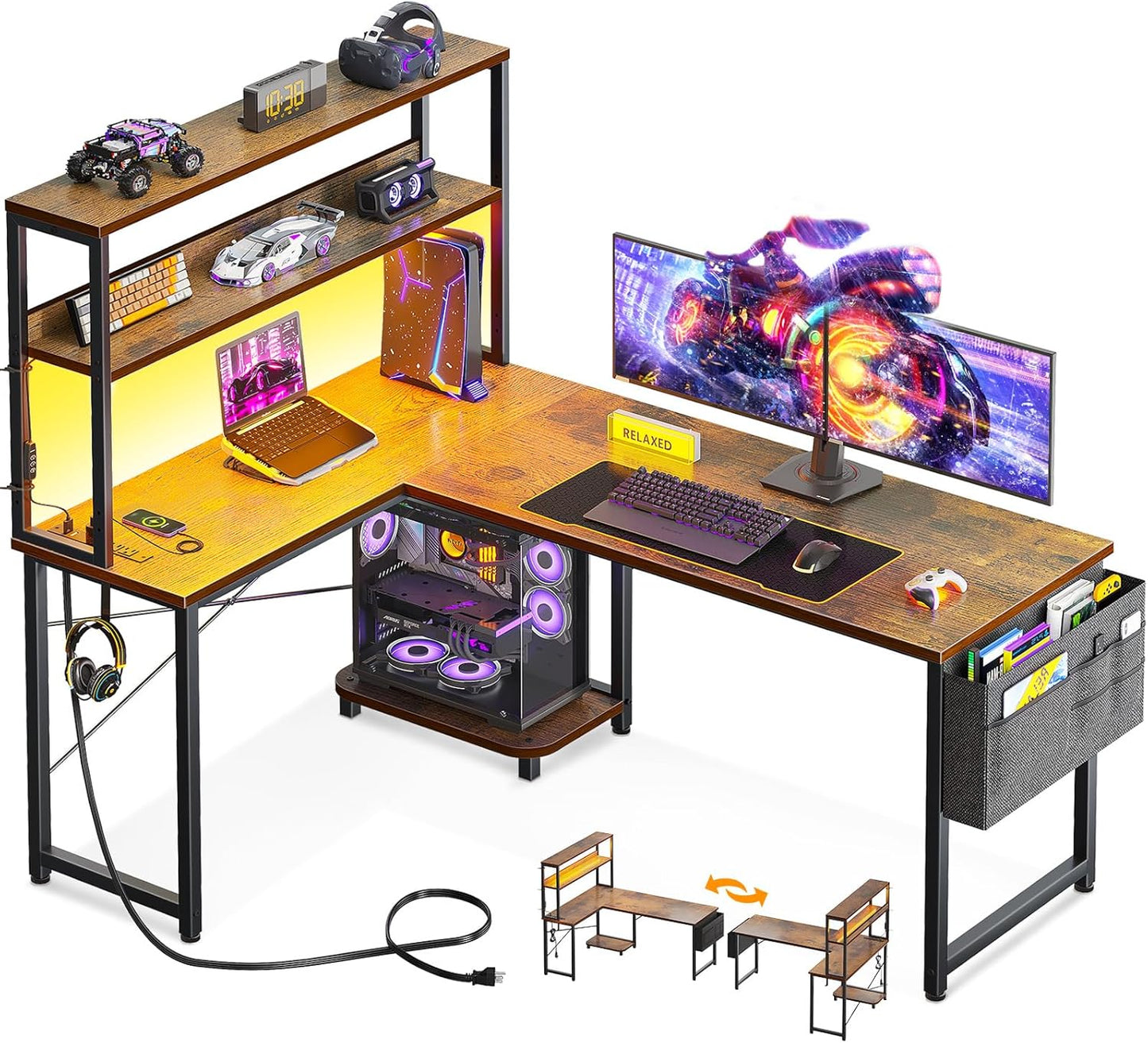 ODK 53 Inch L Shaped Desk with LED Lighting, Reversible Gaming Desk with Power Outlets, Cornor Computer Table with Storage Shelves & Bag & Iron Hook, Home Office Table for Writing, Study, Black