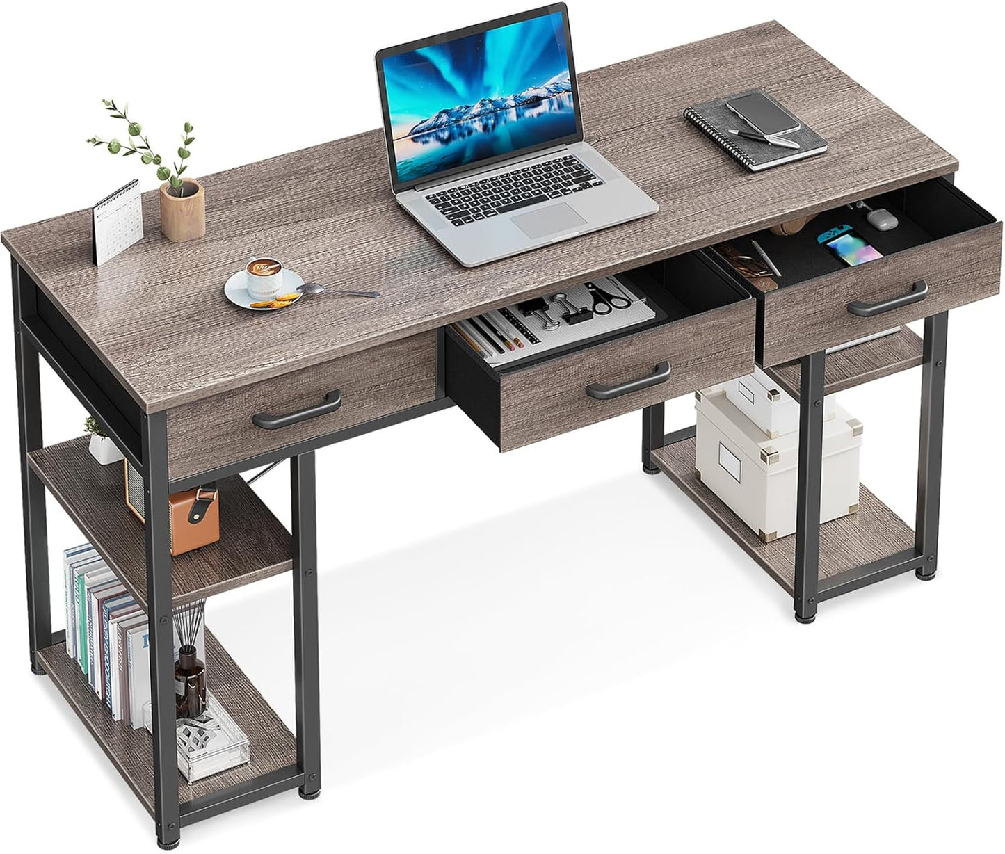 ODK Office Small Computer Desk: Home Table with Fabric Drawers & Storage Shelves, Modern Writing Desk, White, 48"x16"