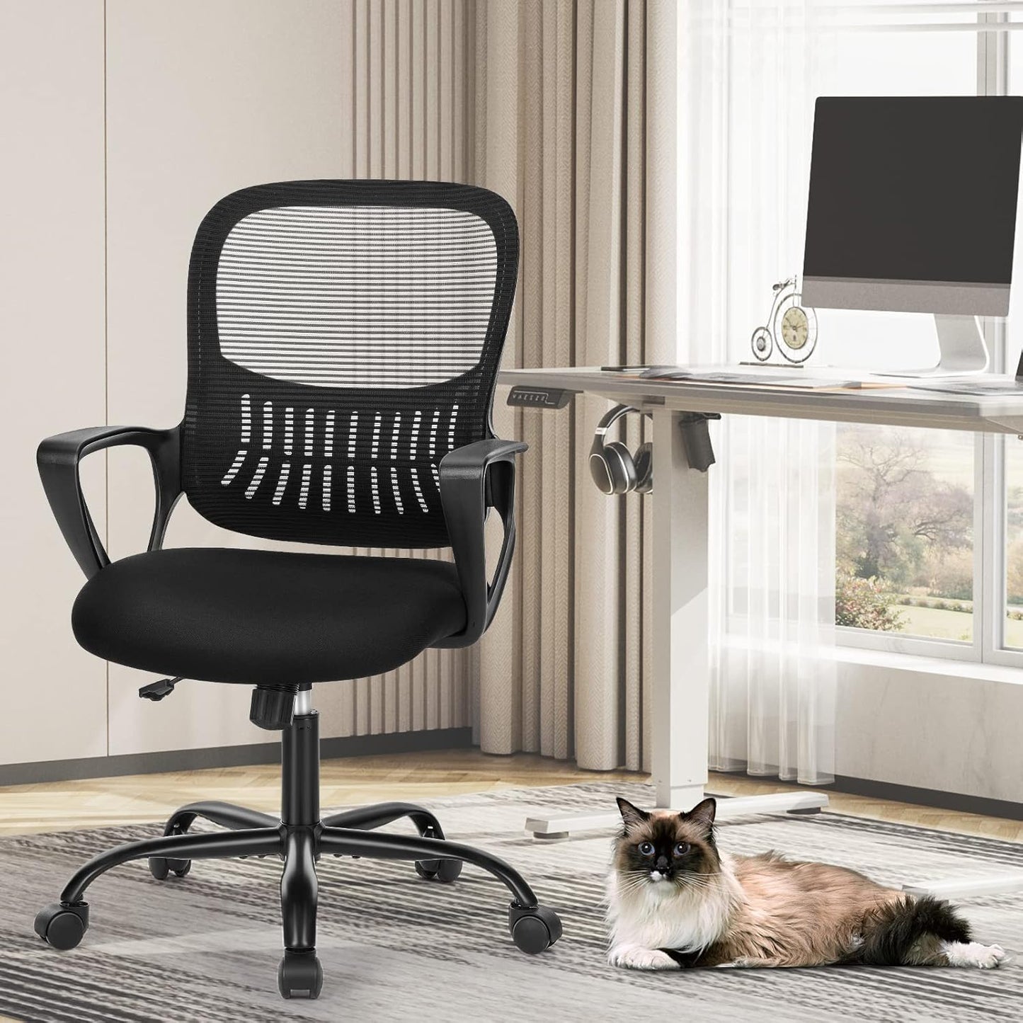 Sweetcrispy High-Back Mesh Home Office Chair with Adjustable Headrest and Lumbar Support, Flip-up Armrest Ergonomic Rolling Work Chair for Study, and Bedroom, Grey