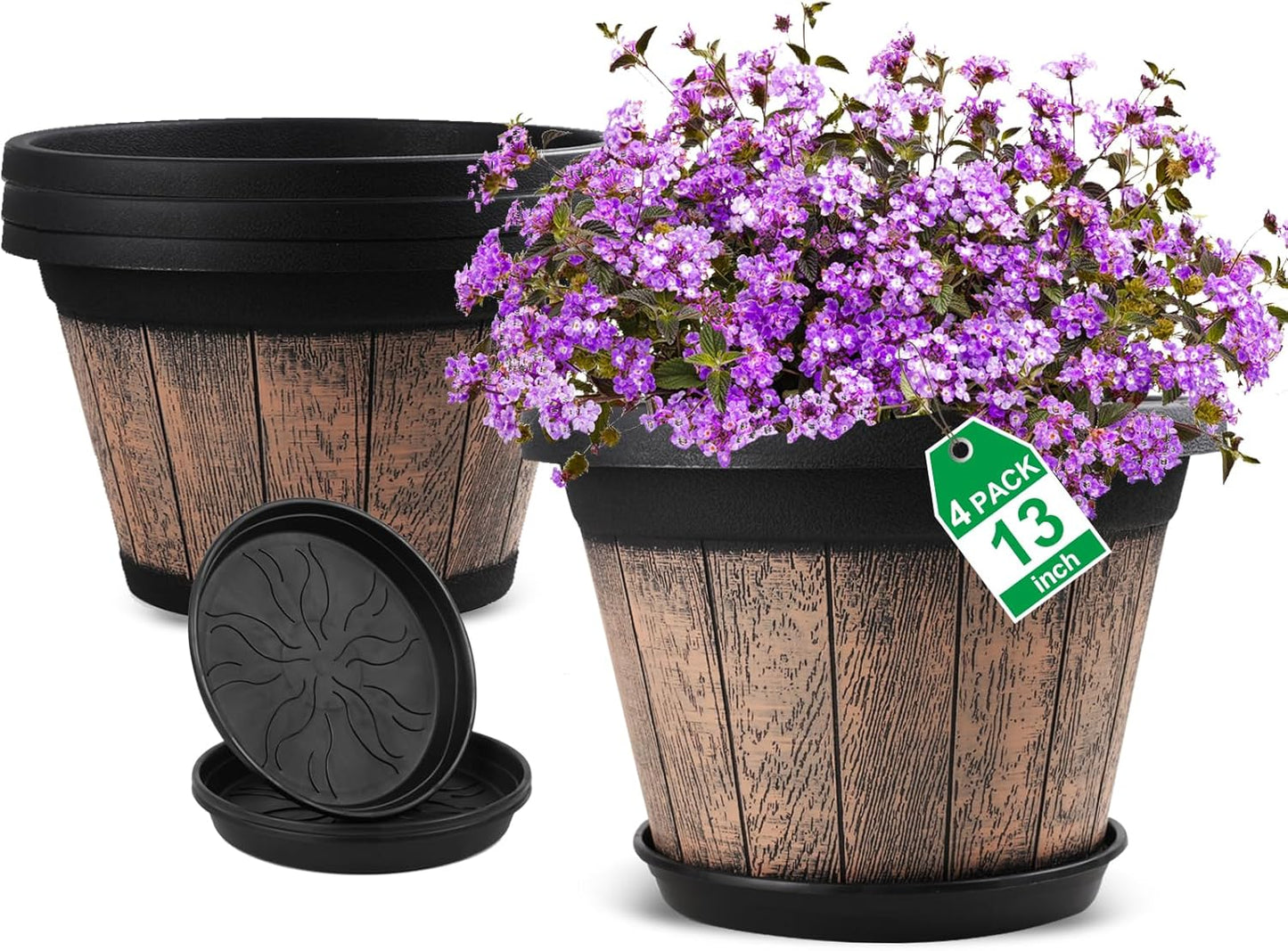 Quarut 3 Pack 10 inch Plant Pots,Whiskey Barrel Planters with Drainage Holes & Saucer, Plastic Decoration Flower Pots Imitation Wine Barrel Design, for Indoor & Outdoor Garden Home Plants (Brown)