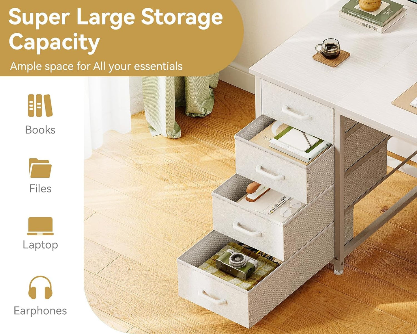 ODK 48 Inch White Computer Desk with 8 Fabric Drawers, Modern Office Desk with Large Storage for Home Office, Study, Gaming, White