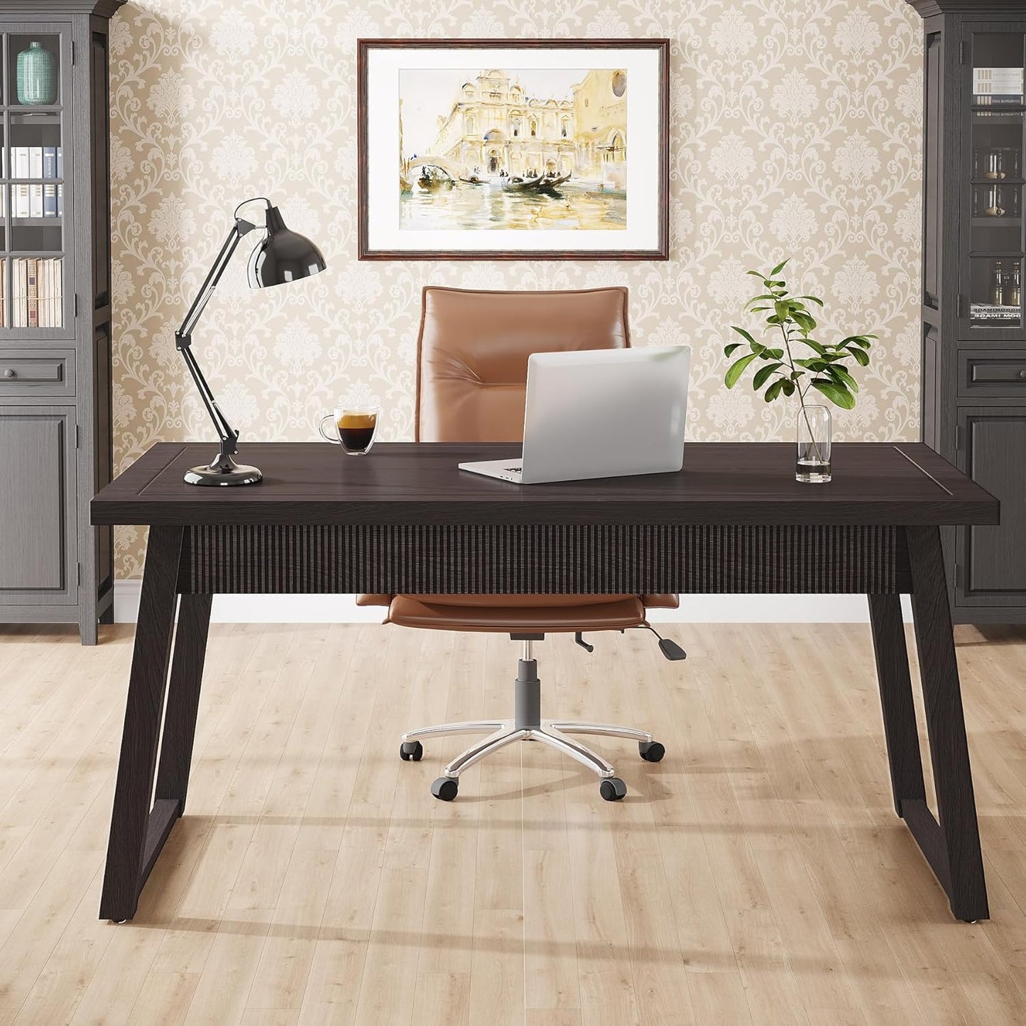 Tribesigns Home Office Executive Desk: 55 Inches Wooden Computer Desk with Drawer, Mid-Century Modern Study Writing Table, Rustic PC Laptop Desk Workstation Furniture, Walnut Brown