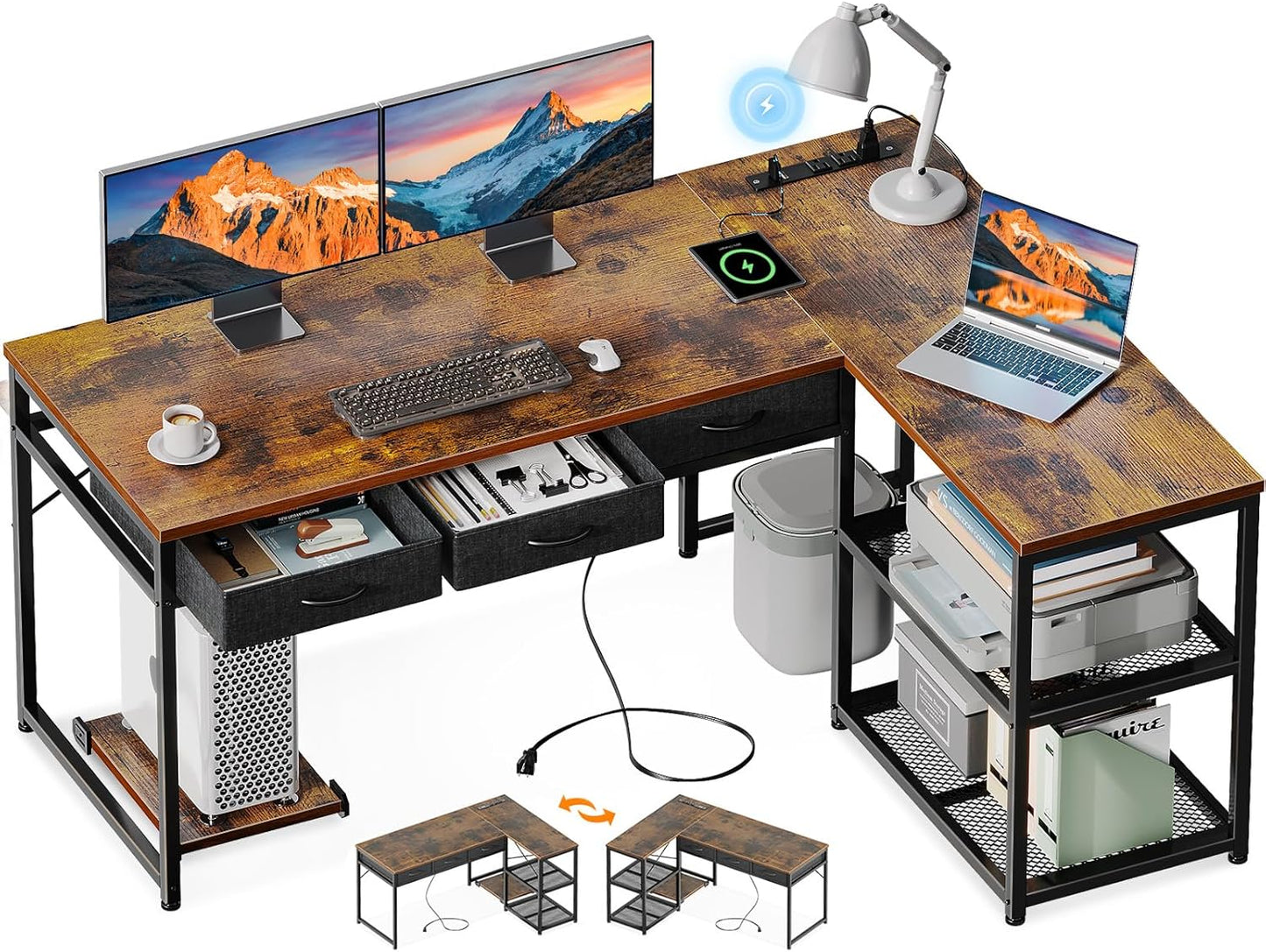 AODK 53 Inch L Shaped Computer Desk with Drawers, Corner Desk with Power Outlets & Reversible Storage Shelves, Movable CPU Stand for Home Office Gaming, White