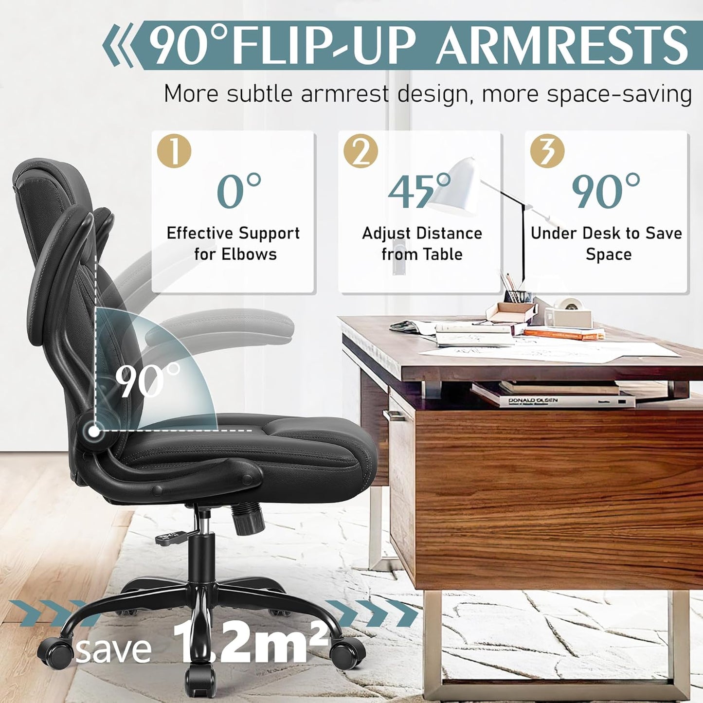 Leather Office Chair, PU Home Computer Desk Chairs with Ergonomic Back Support, 360°Swivel Free,Small Gmaing Chair with Wheels and Adjustable Armrests, for Short People Use, Black
