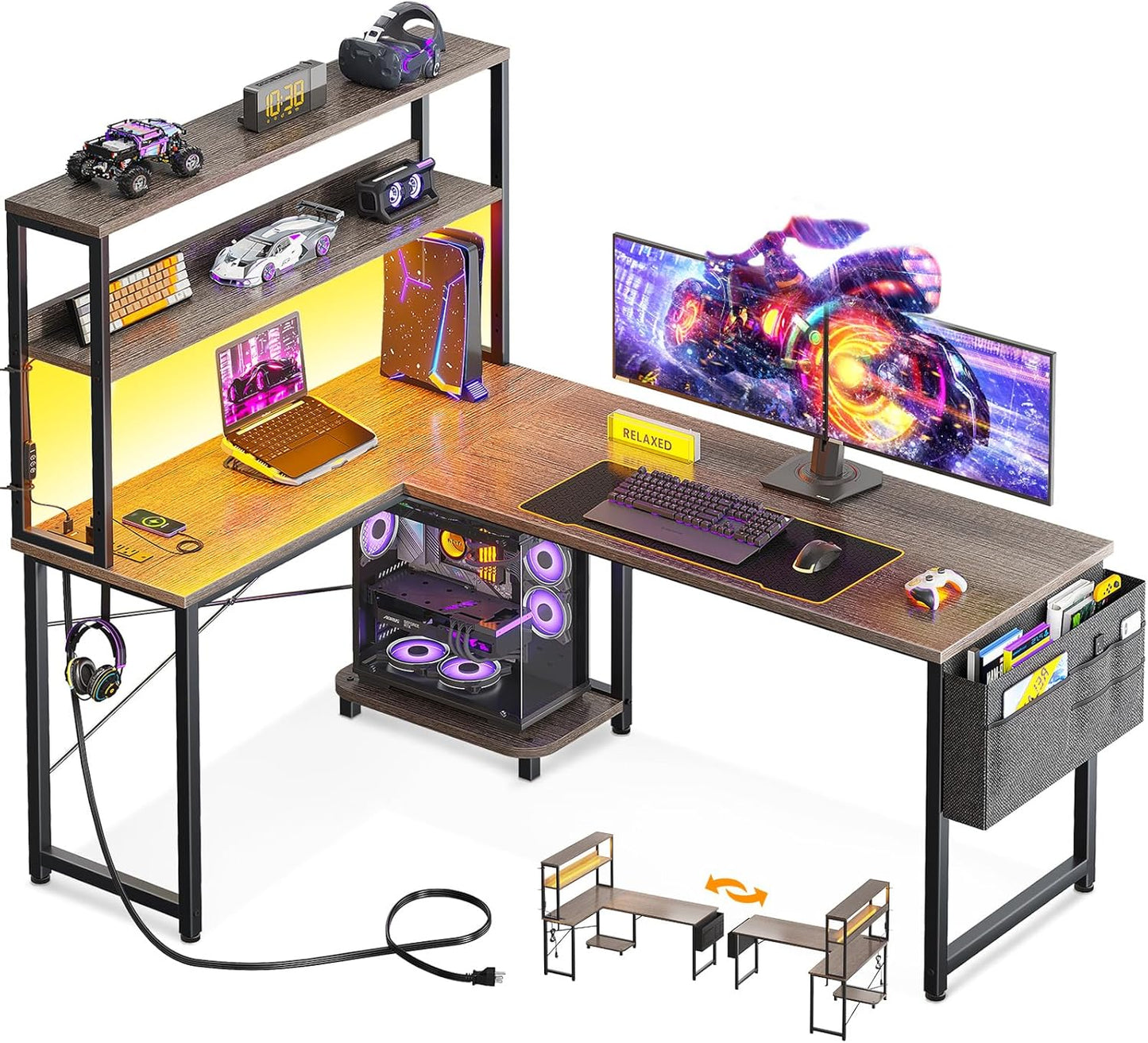 ODK 53 Inch L Shaped Desk with LED Lighting, Reversible Gaming Desk with Power Outlets, Cornor Computer Table with Storage Shelves & Bag & Iron Hook, Home Office Table for Writing, Study, Black