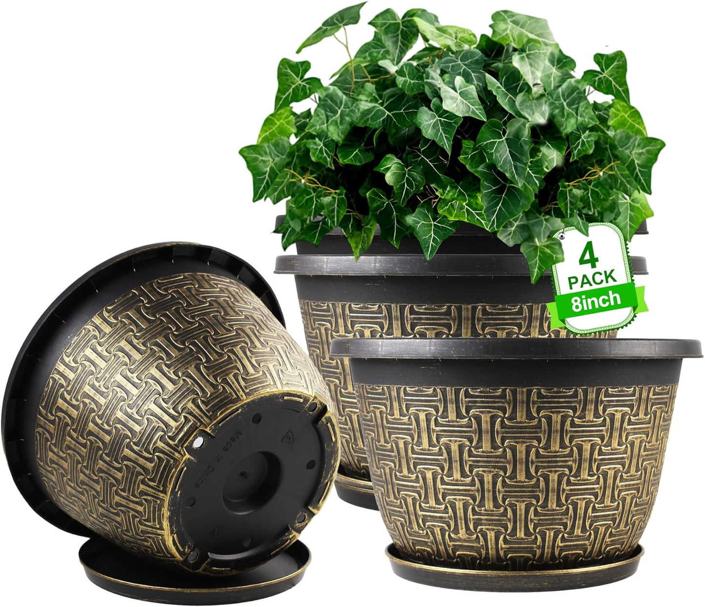 10 Inch Plant Pots, 4 Pack Flower Pots Outdoor with Drainage Holes & Trays, Retro Antique Imitation Decorative Garden Plastic Pots for Plants Indoor Sets for Houseplants