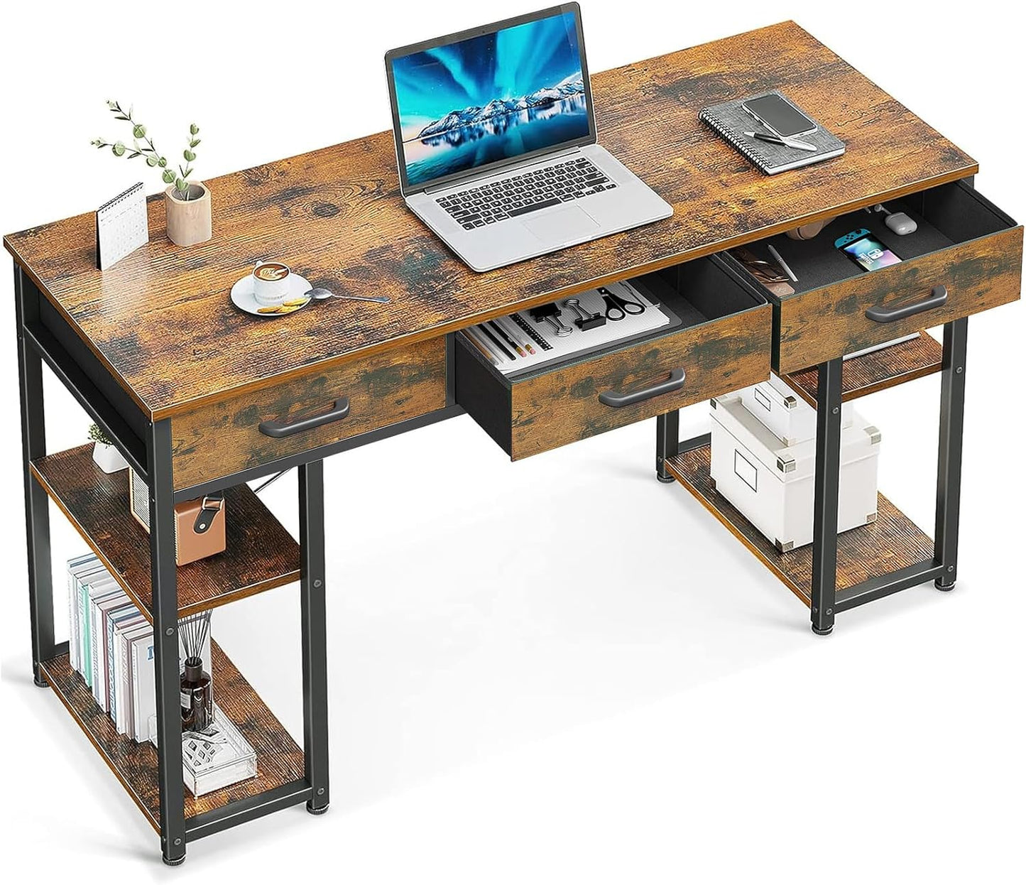 ODK Office Small Computer Desk: Home Table with Fabric Drawers & Storage Shelves, Modern Writing Desk, White, 48"x16"