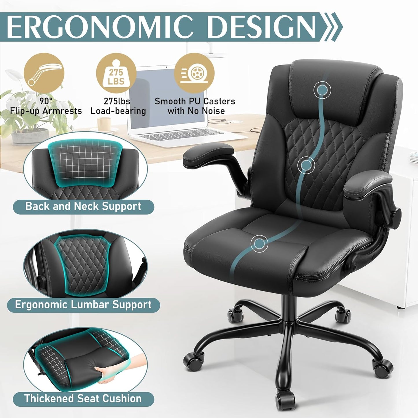 Leather Office Chair, PU Home Computer Desk Chairs with Ergonomic Back Support, 360°Swivel Free,Small Gmaing Chair with Wheels and Adjustable Armrests, for Short People Use, Black