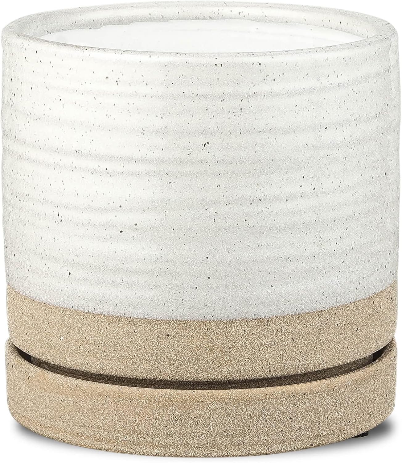 6 Inch Plant Pots, Ceramic Planter Pot with Drainage Hole & Saucer, Indoor/Outdoor Cylinder Round Planter Pot, Green & Beige