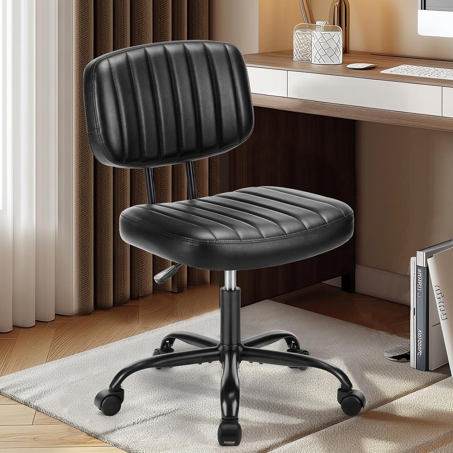 Armless Home Office Desk Chair -Small Ergonomic with Low Back Lumbar Support, Height Adjustable PU Leather Computer Task with 360° Swivel Rolling Wheels, for Small Space, Brown